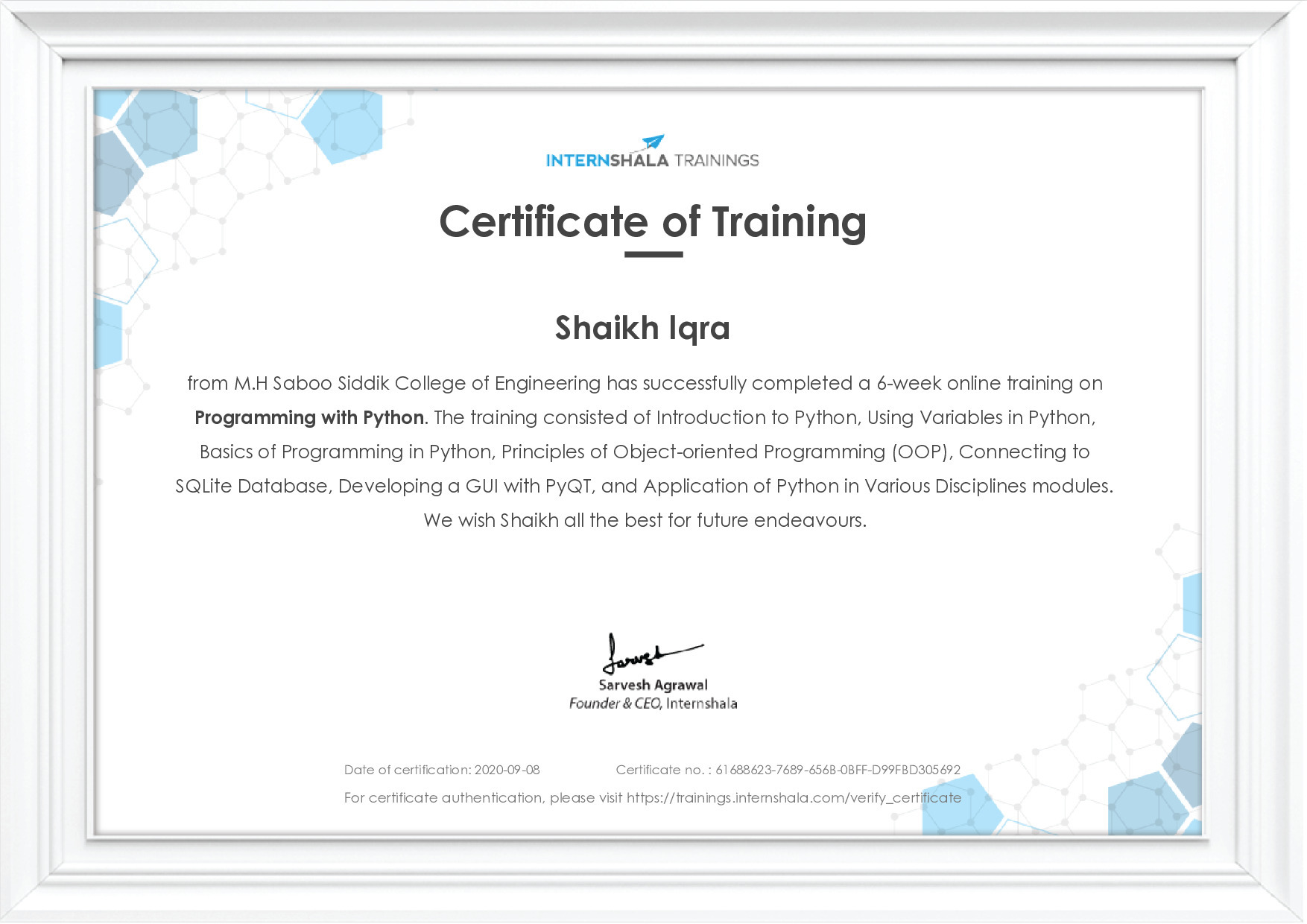 Certificate of completion