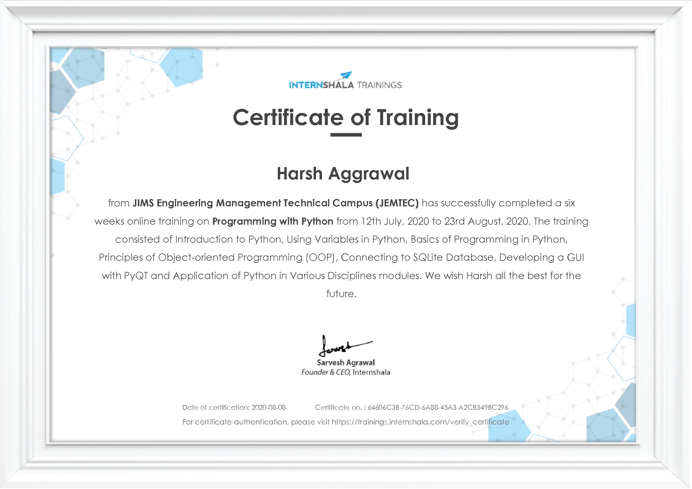 Certificate of completion