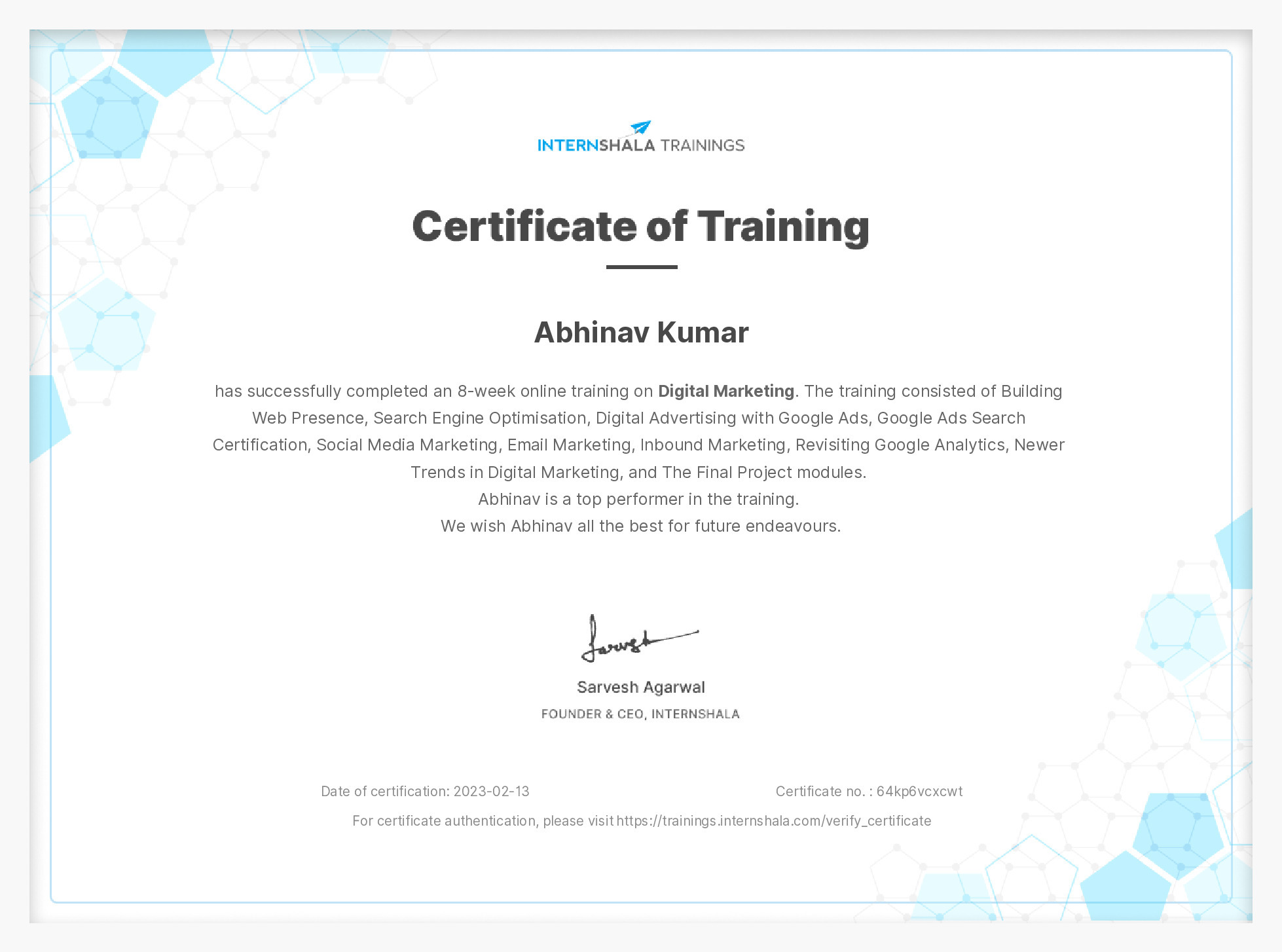 Certificate of completion