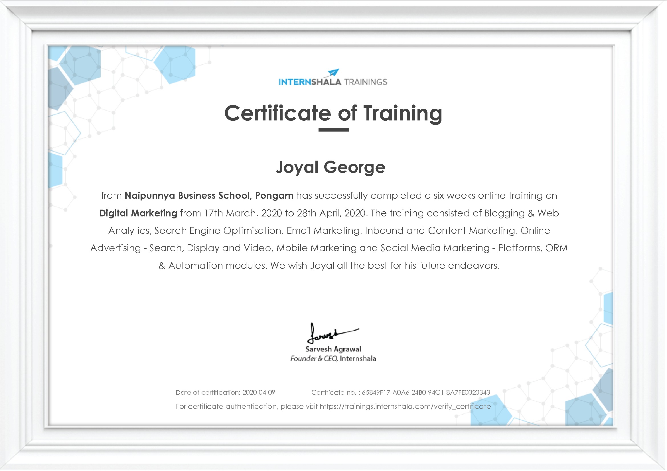 Certificate of completion