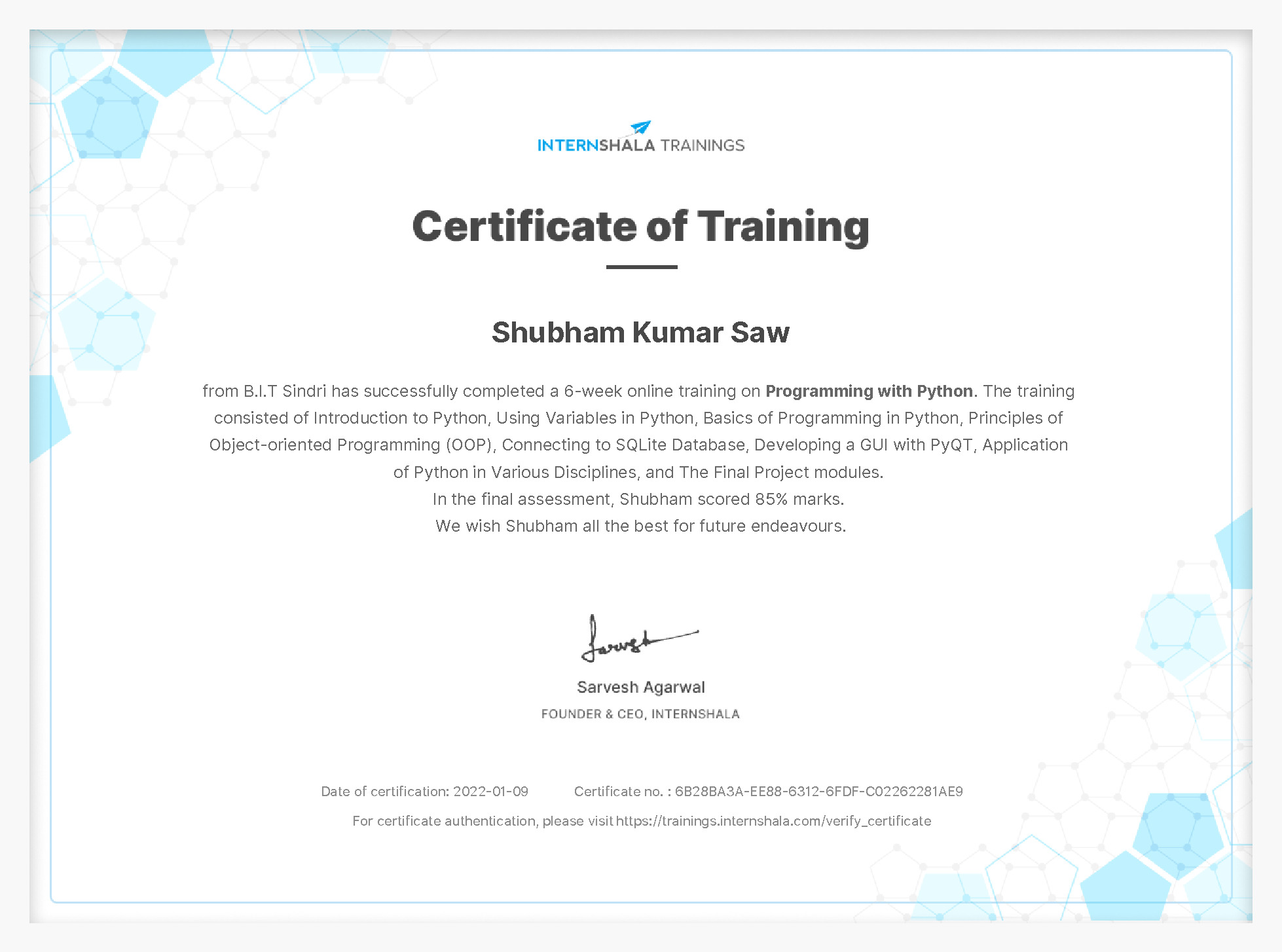 Certificate of completion