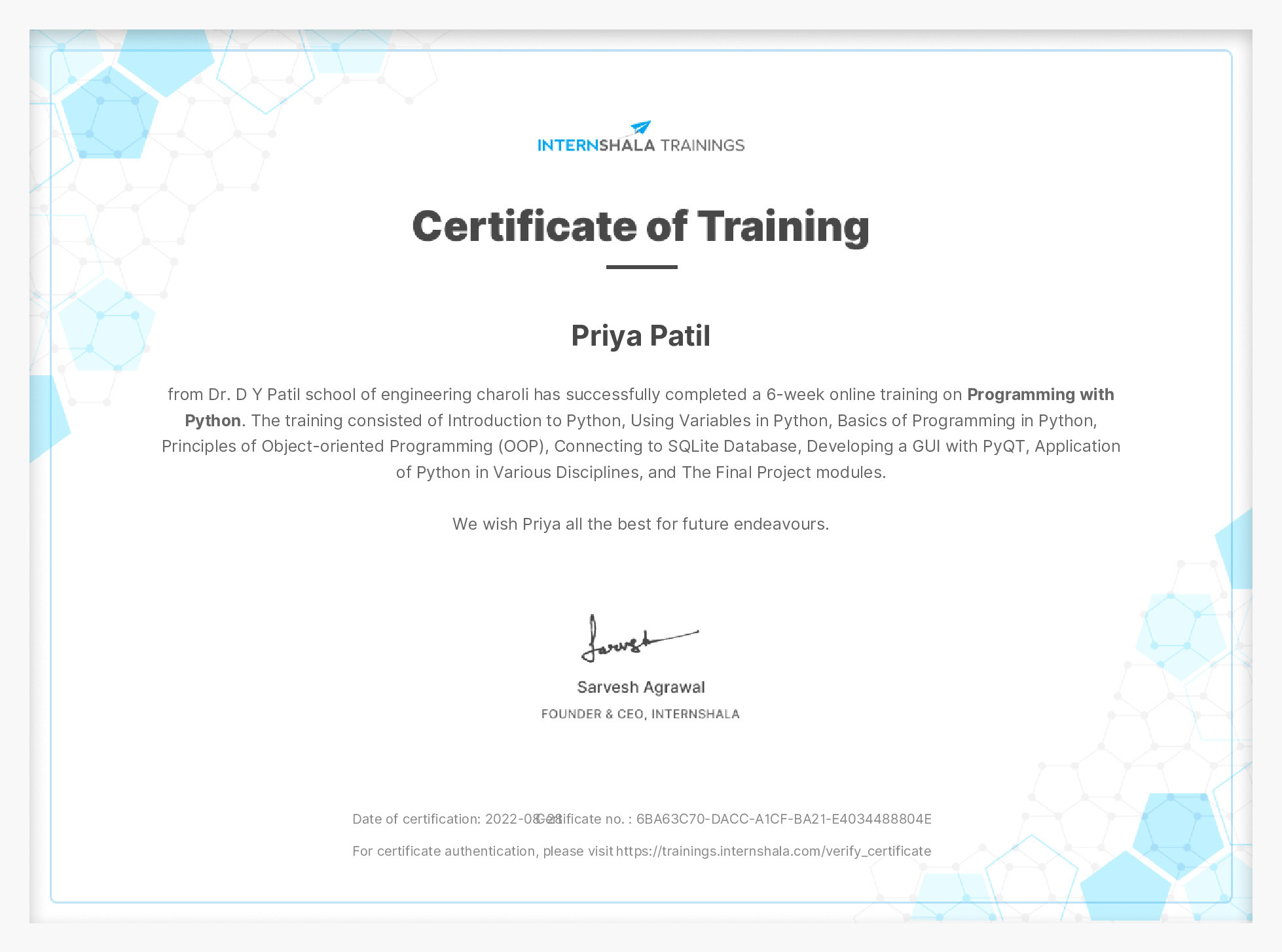 Certificate of completion