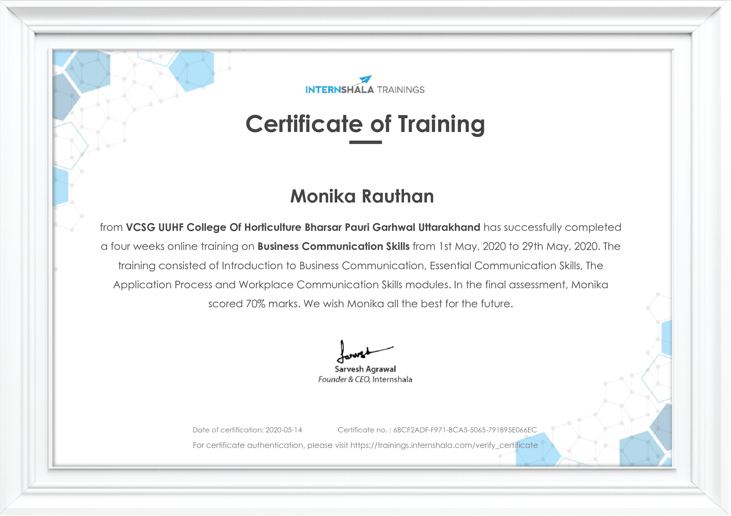 Certificate of completion