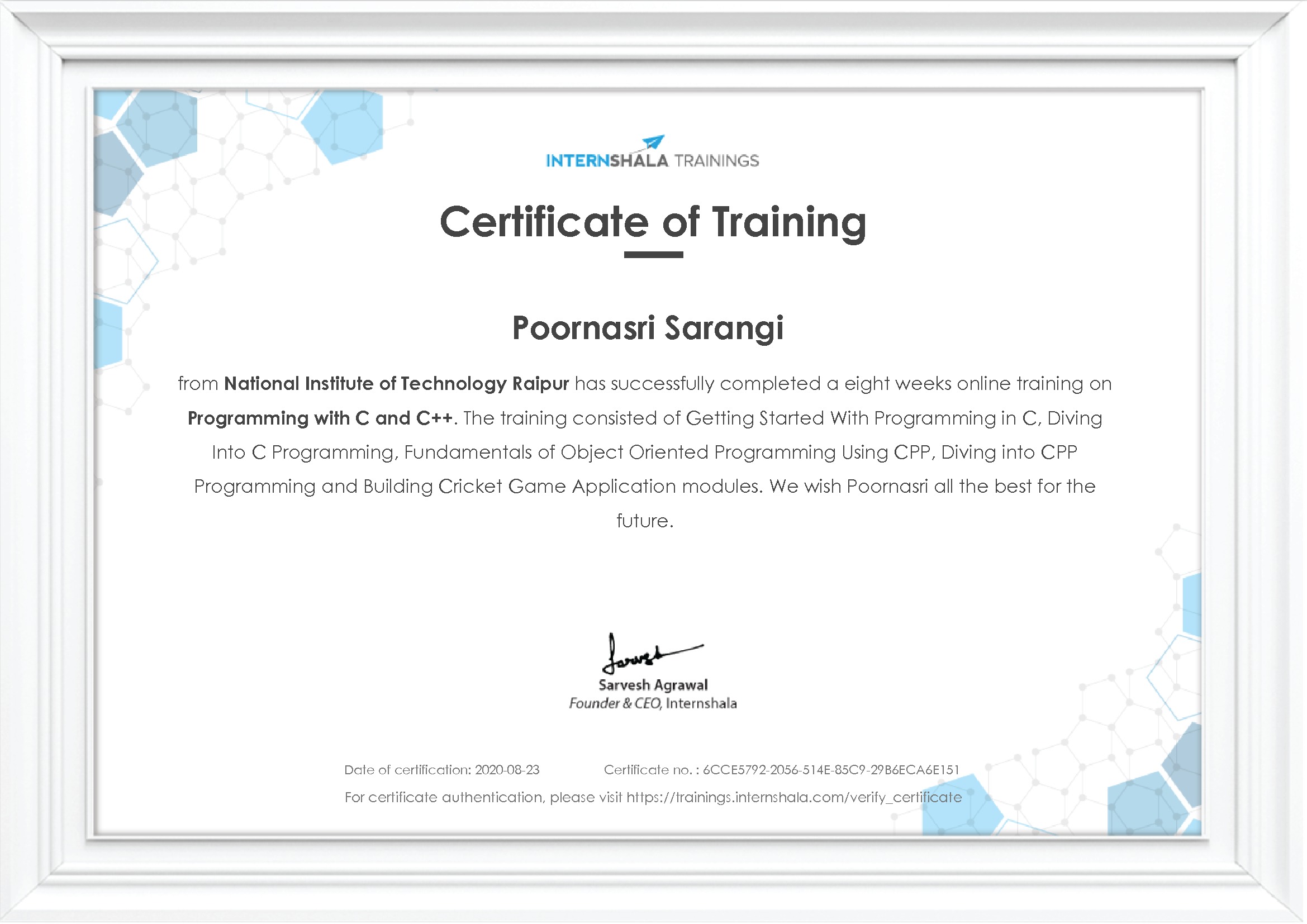 Certificate of completion