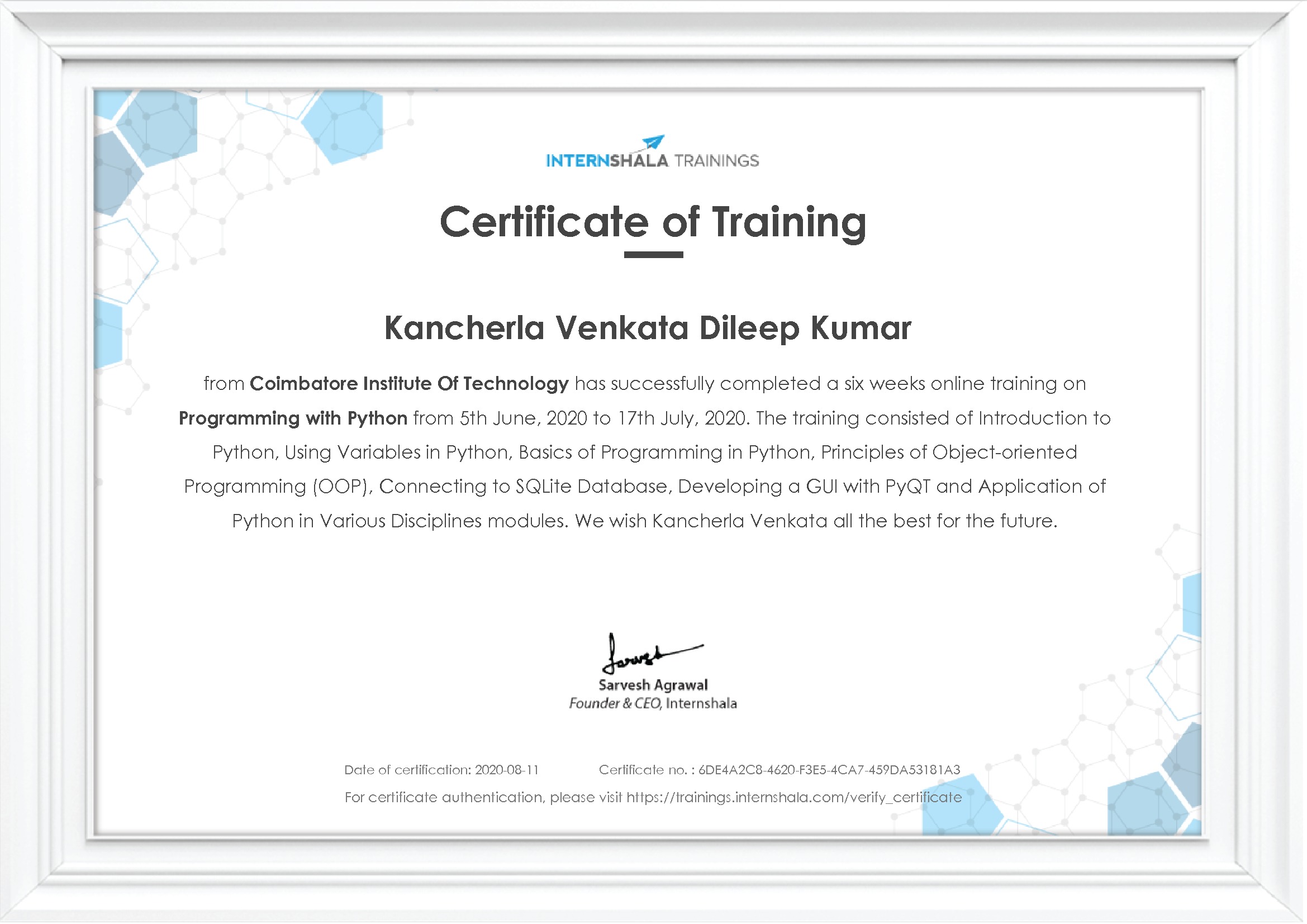 Certificate of completion
