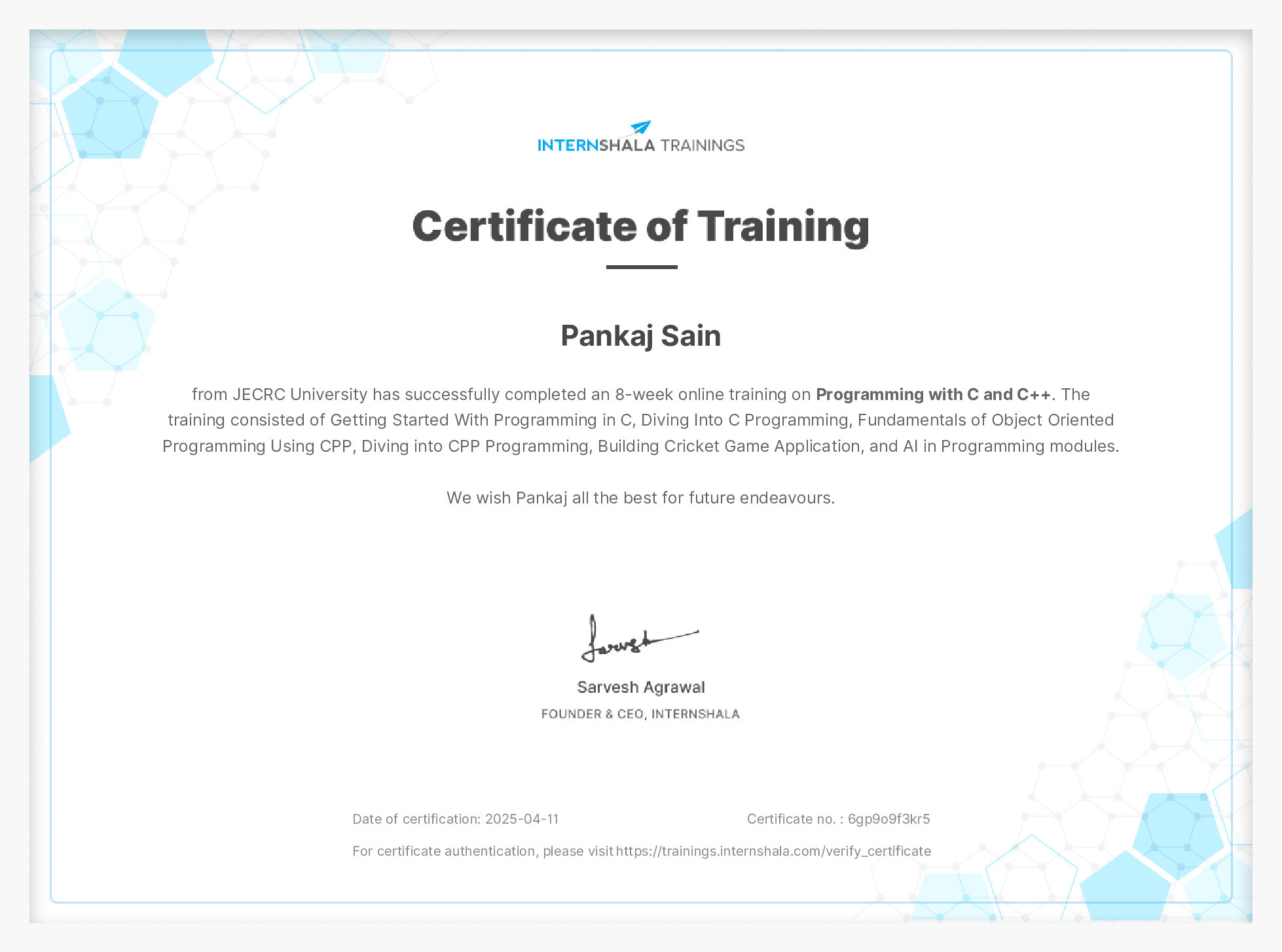 Certificate of completion