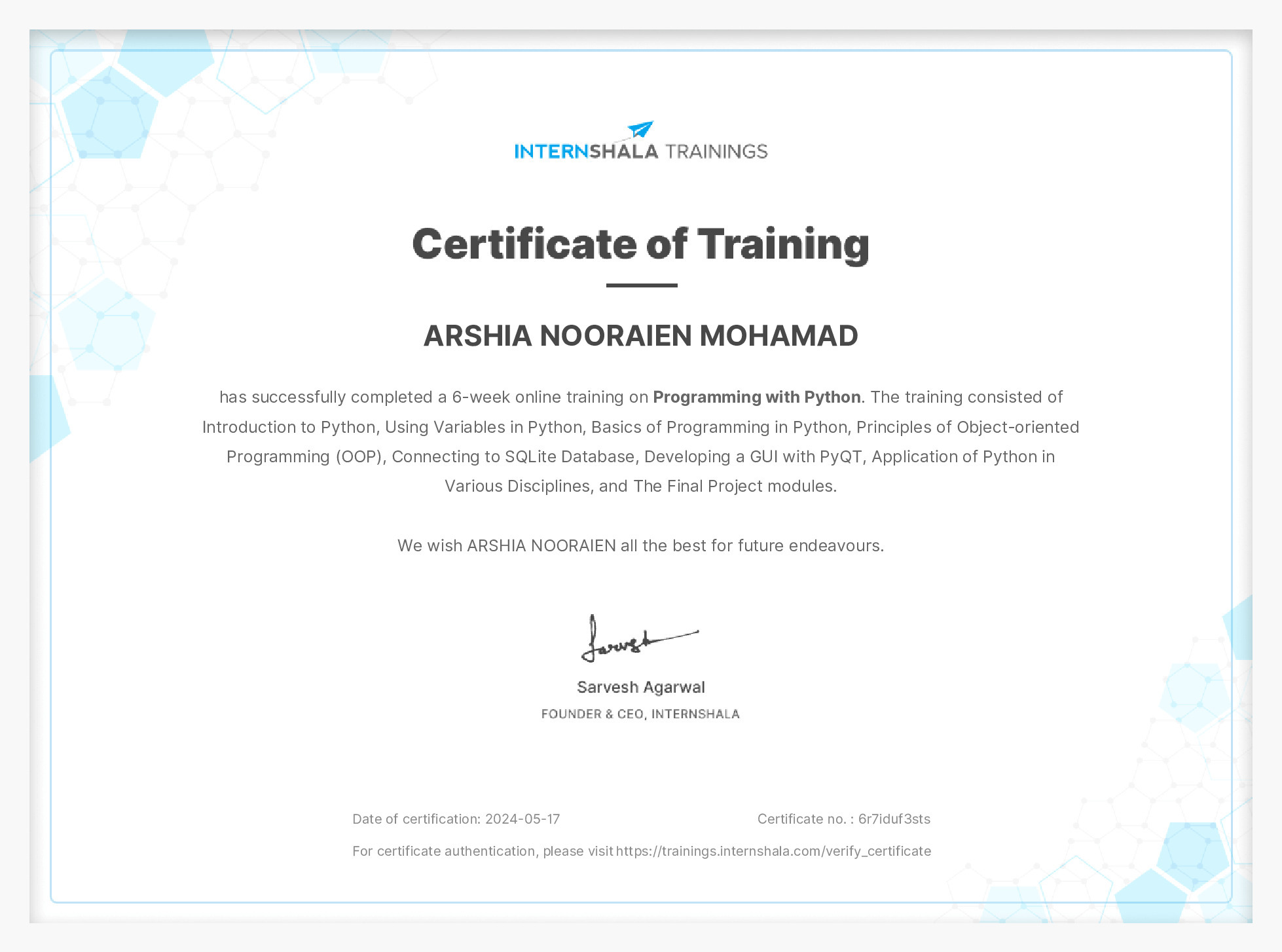 Certificate of completion