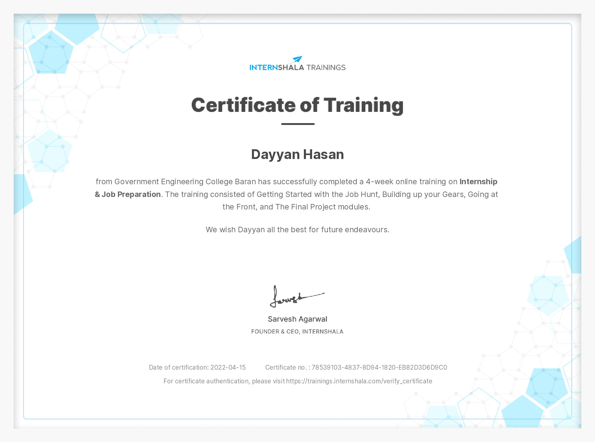 Certificate of completion
