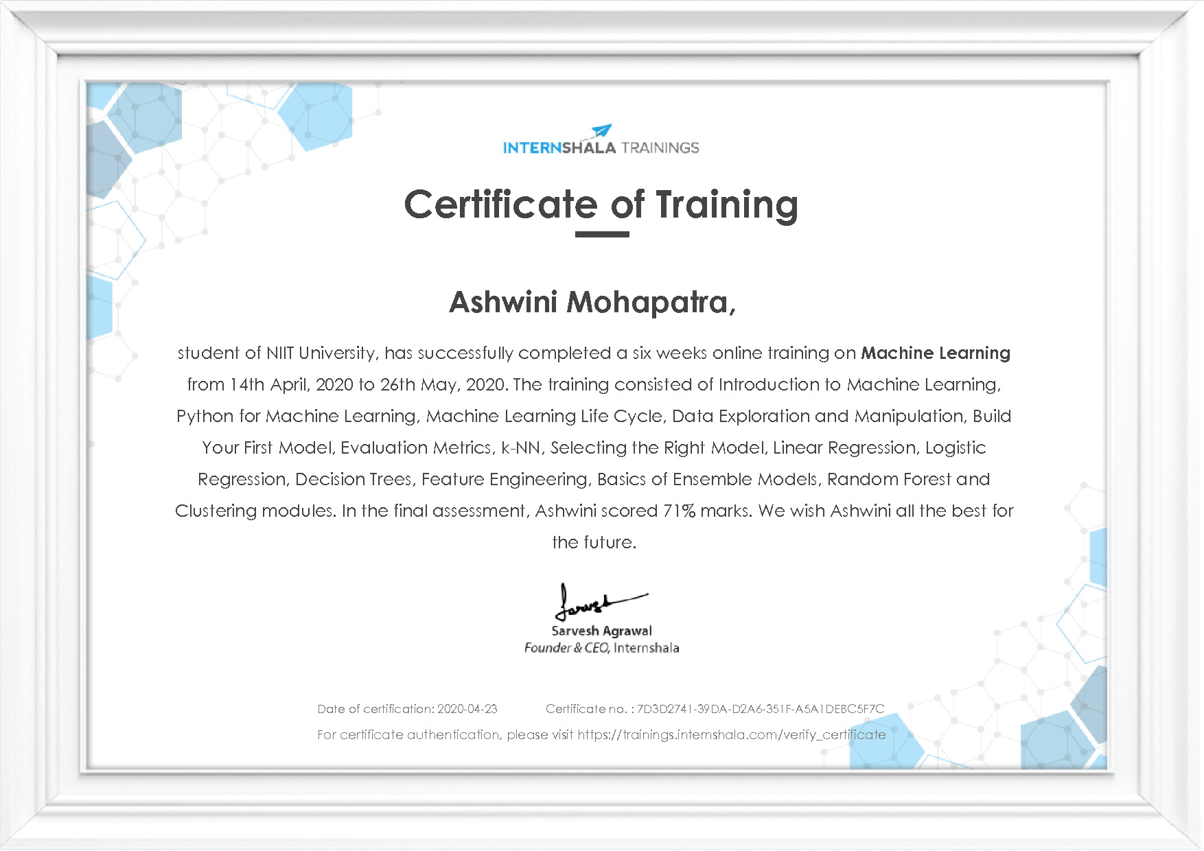 Certificate of completion