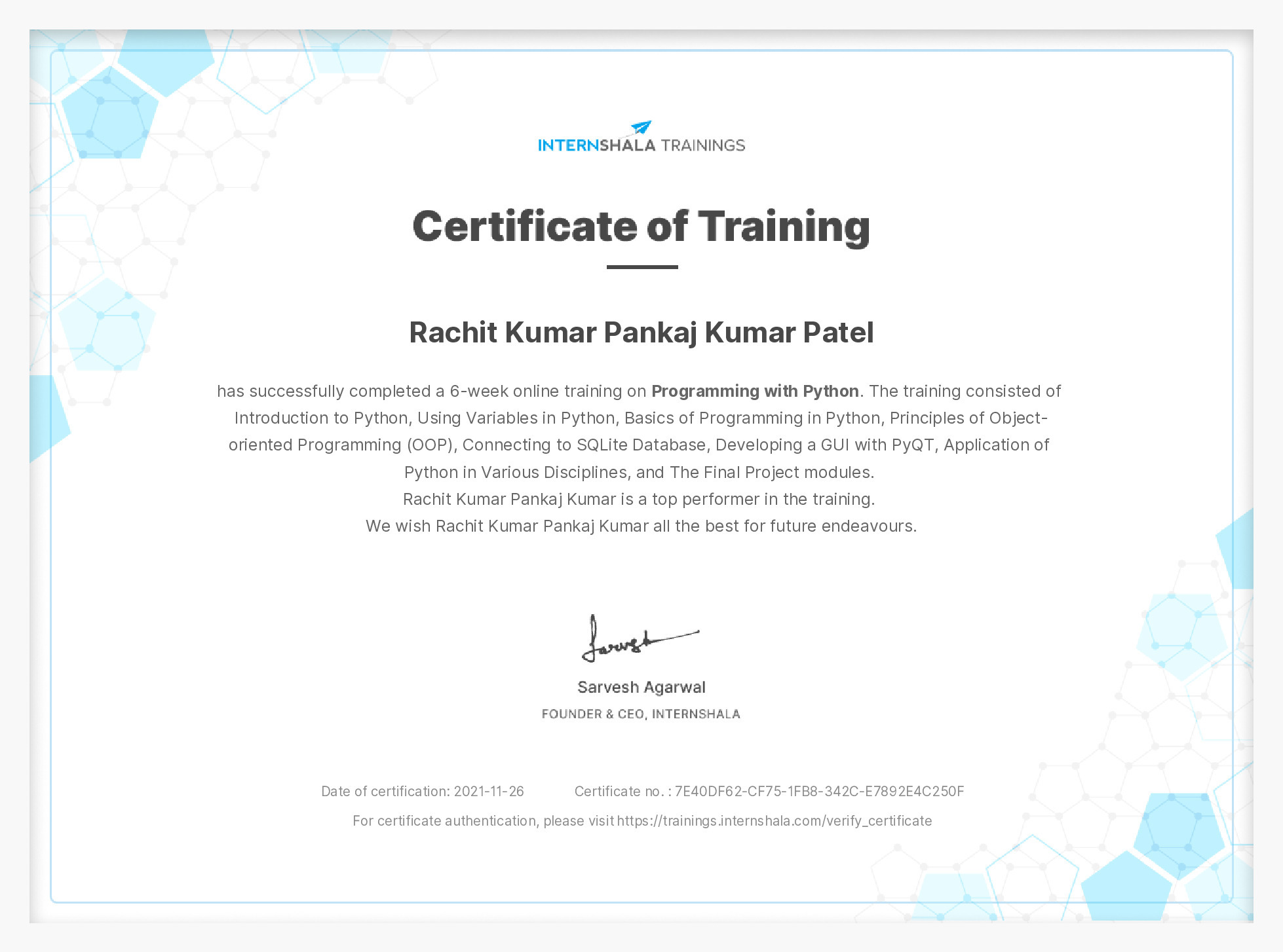 Certificate of completion