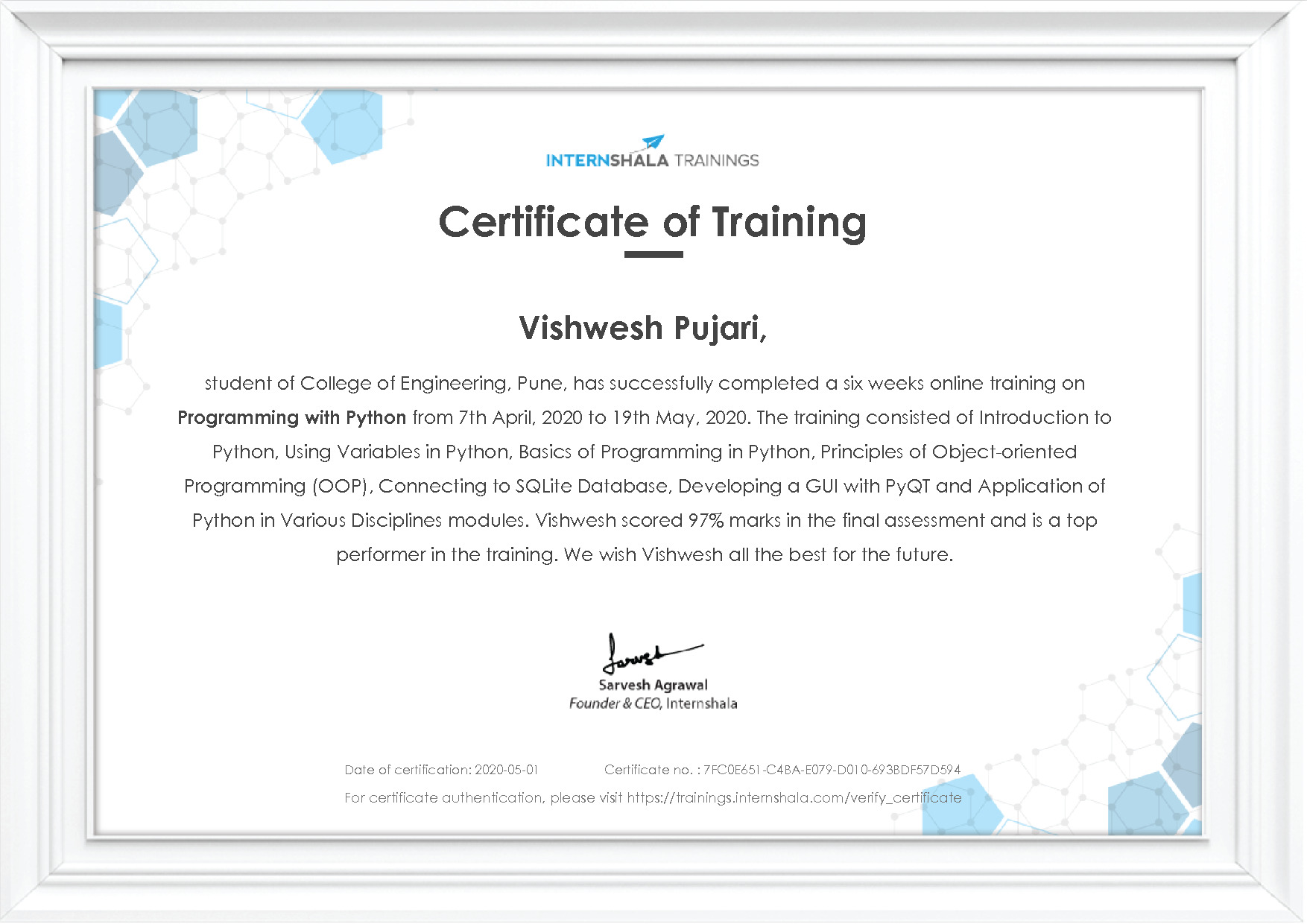 Certificate of completion