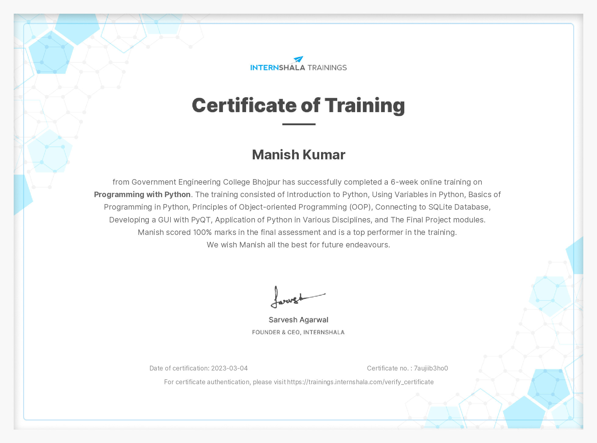 Certificate of completion