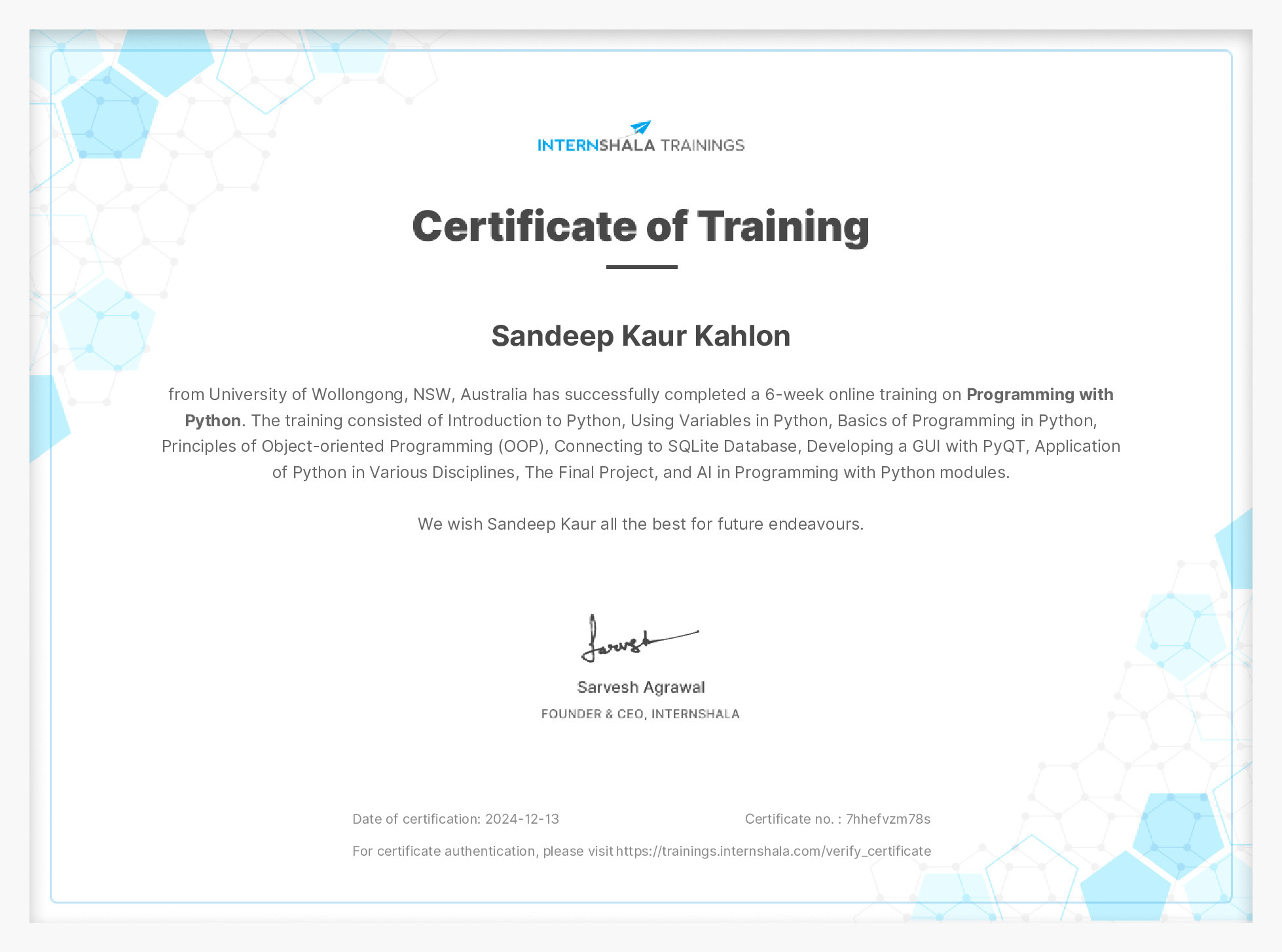 Certificate of completion