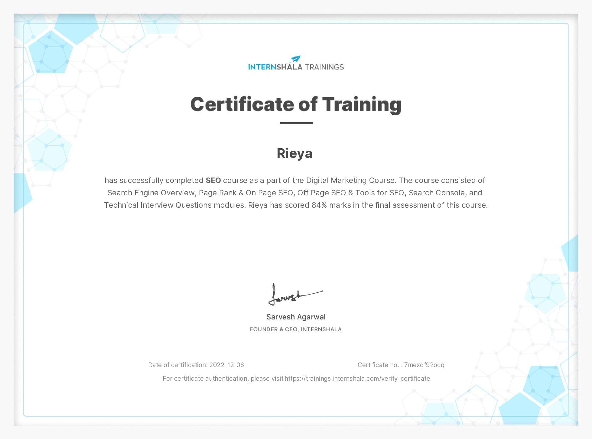 Certificate of completion