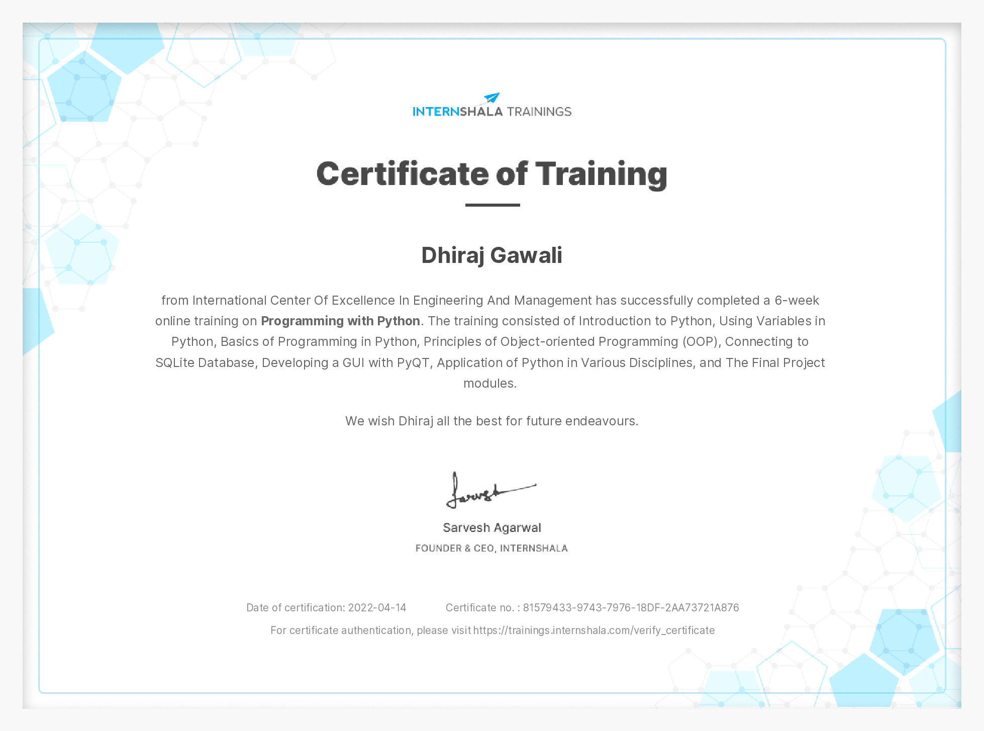 Certificate of completion