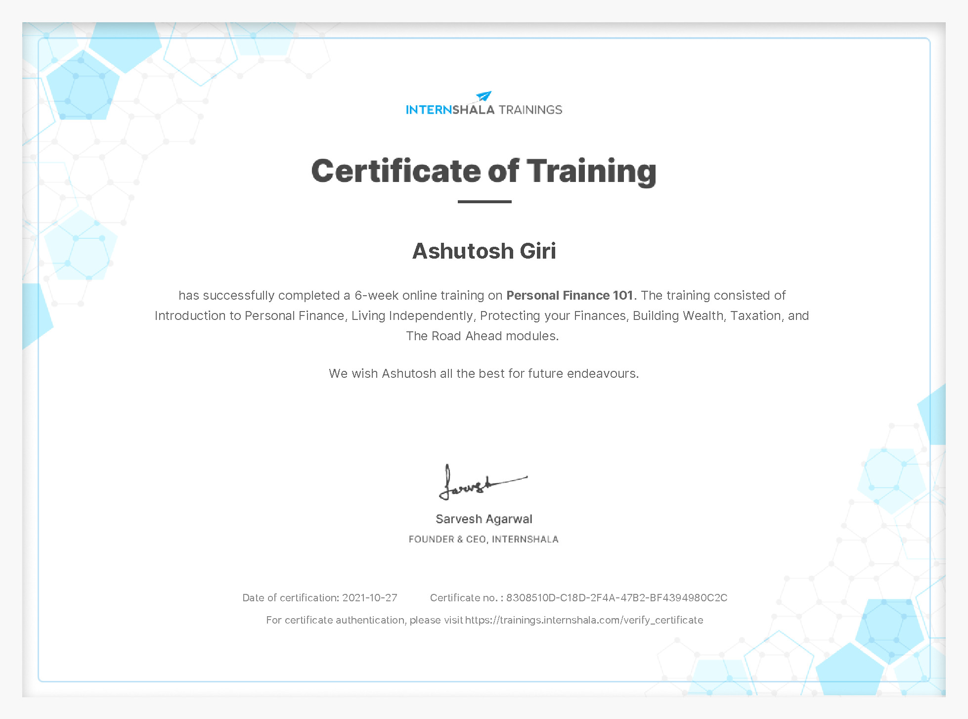 Certificate of completion