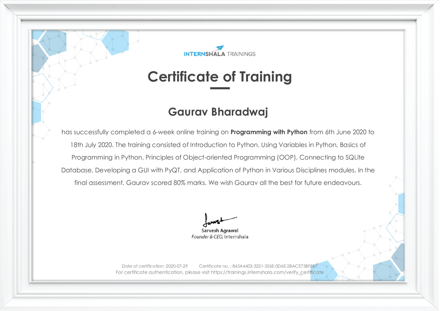 Certificate of completion