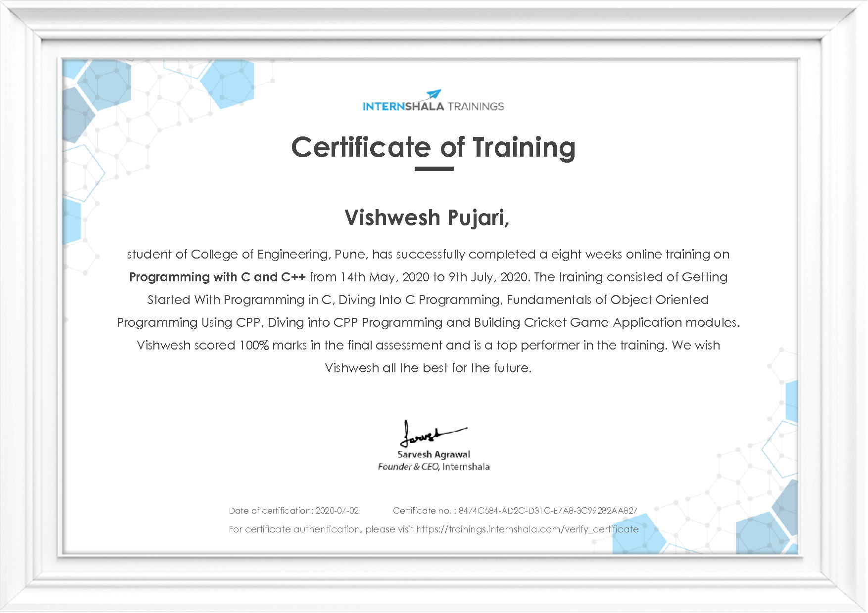 Certificate of completion