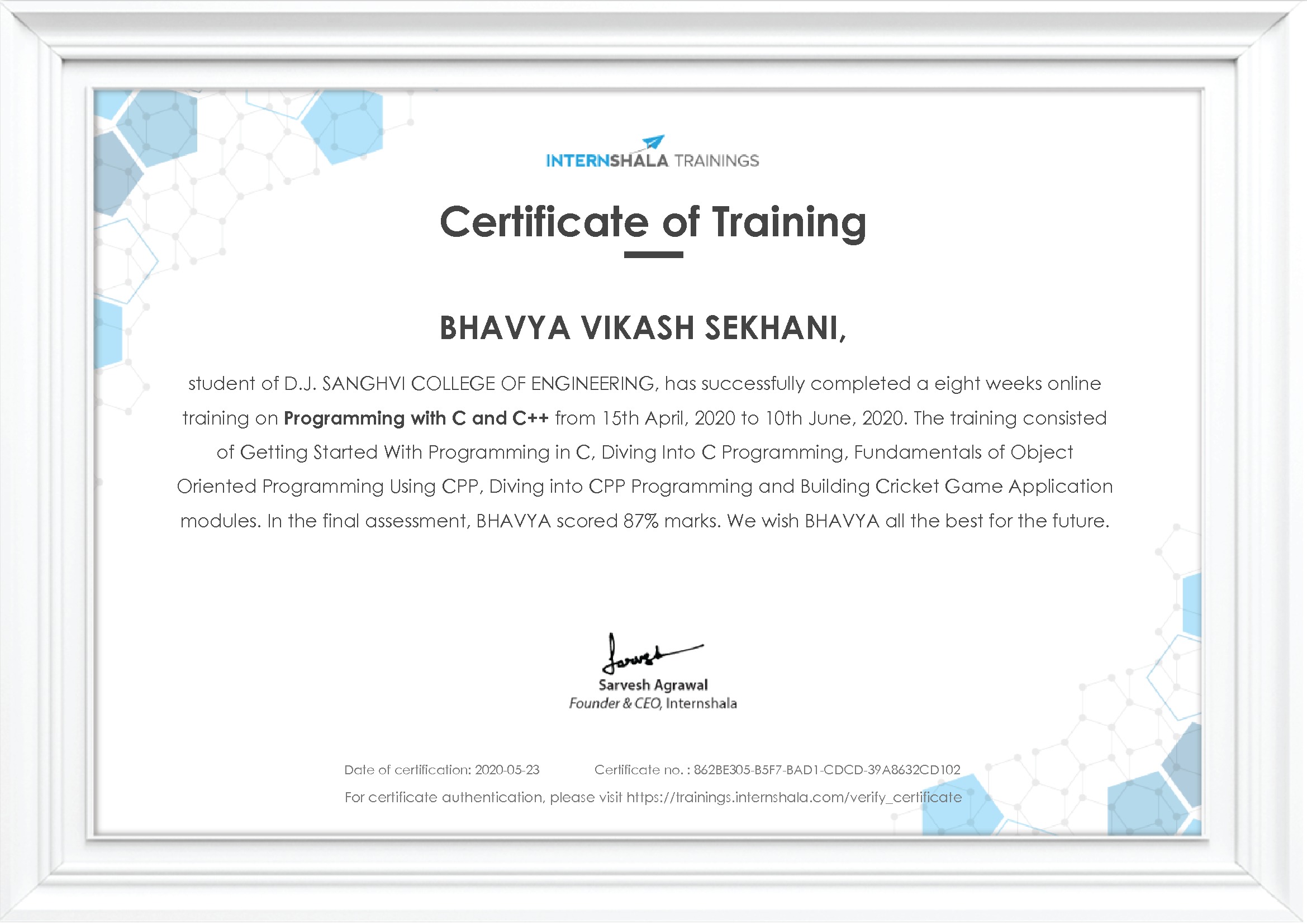 Certificate of completion