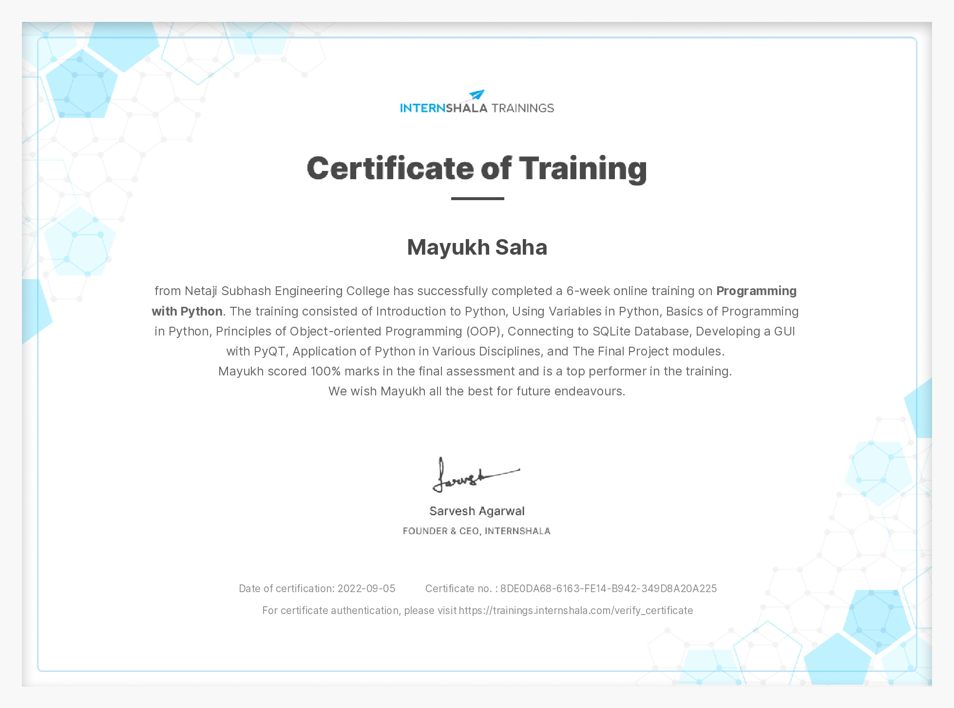 Certificate of completion