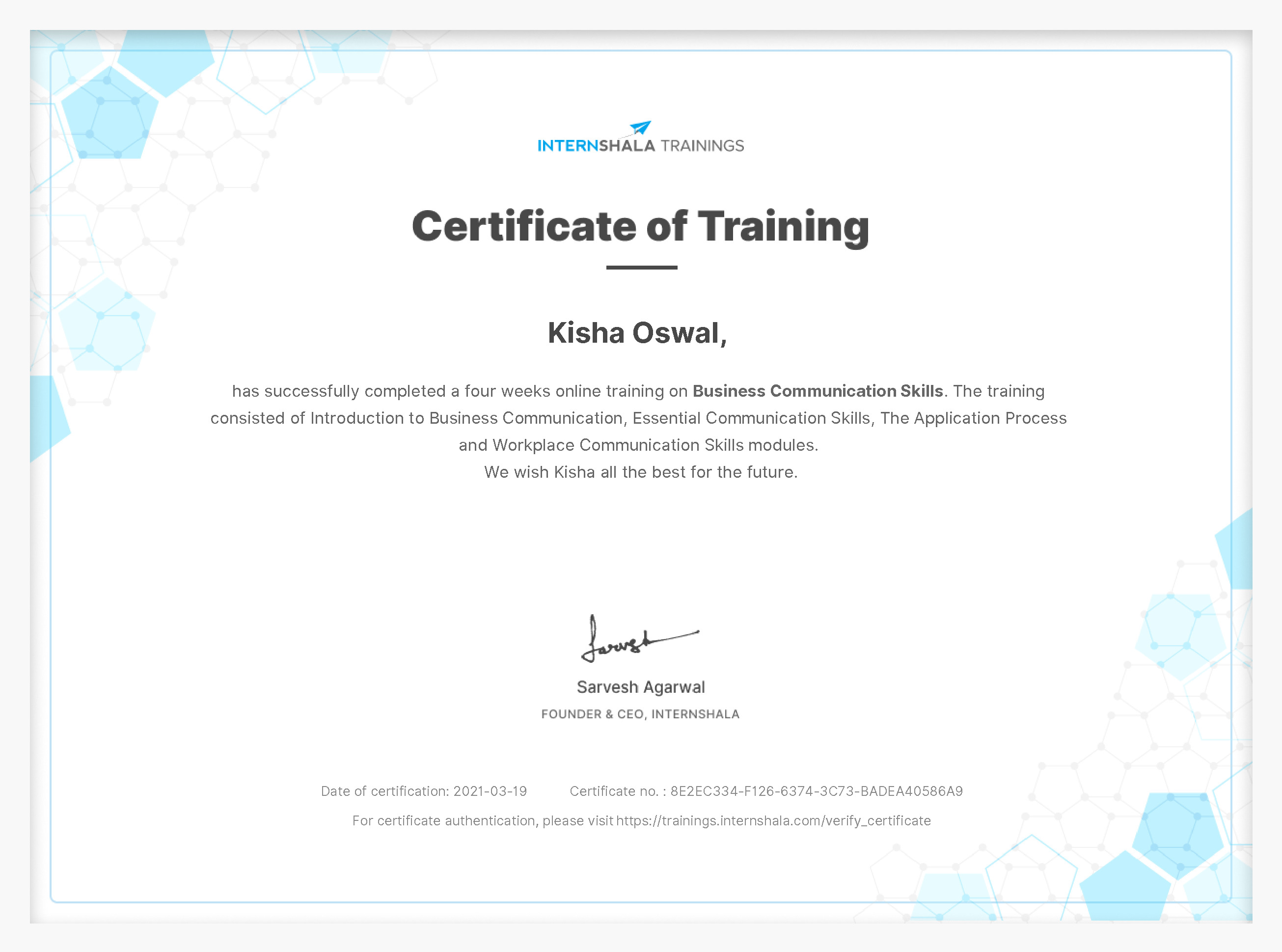 Certificate of completion