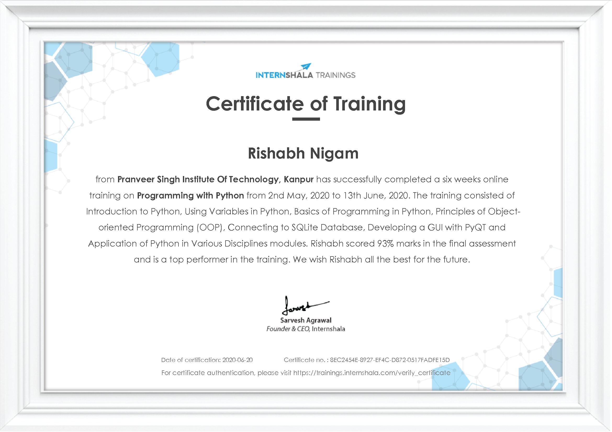 Certificate of completion