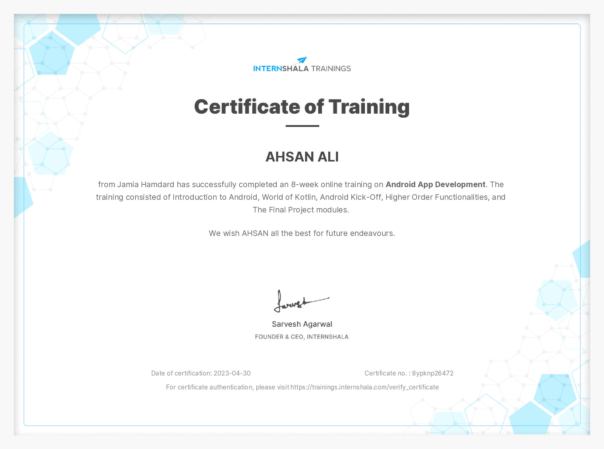 Certificate of completion