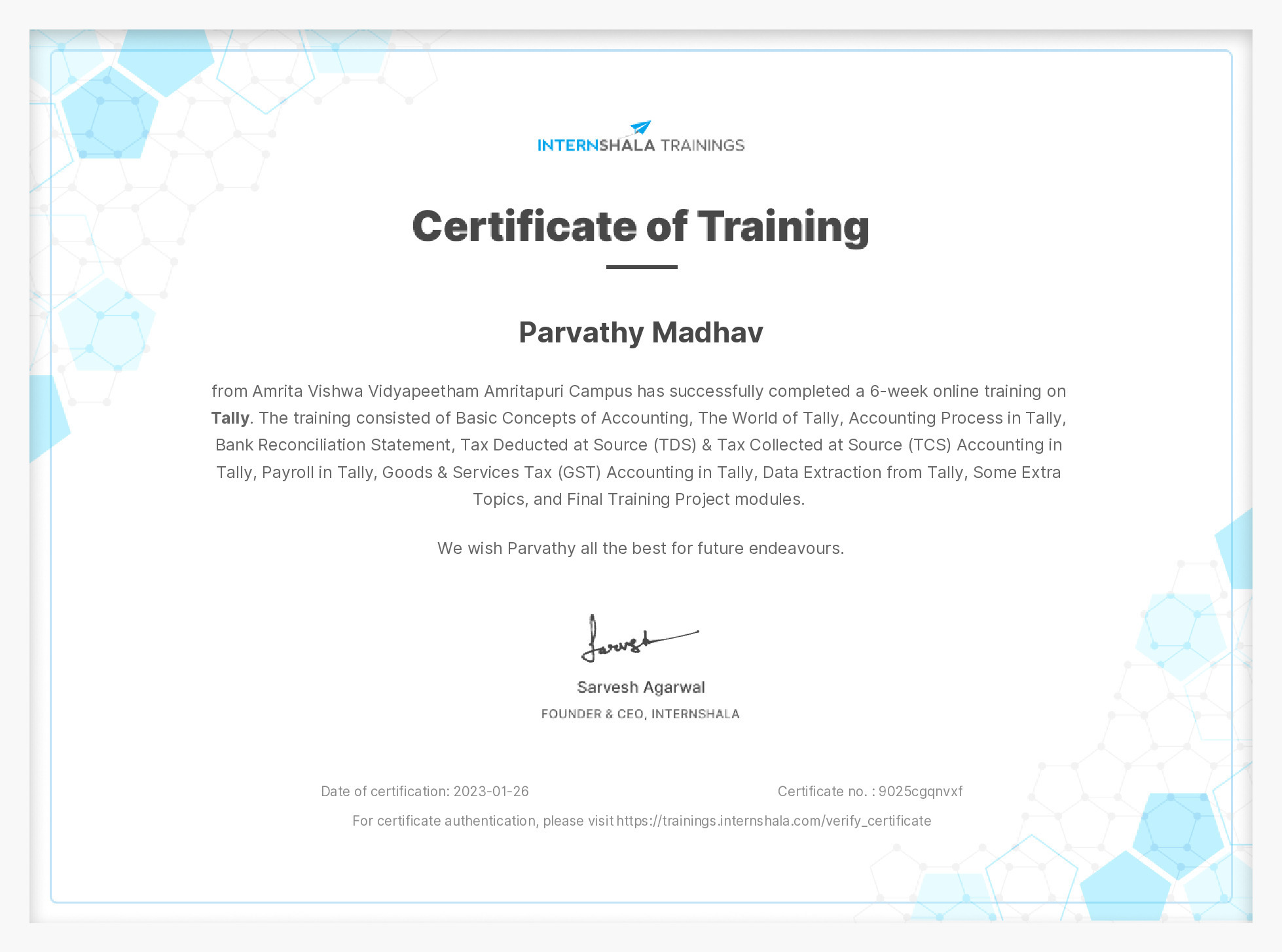 Certificate of completion