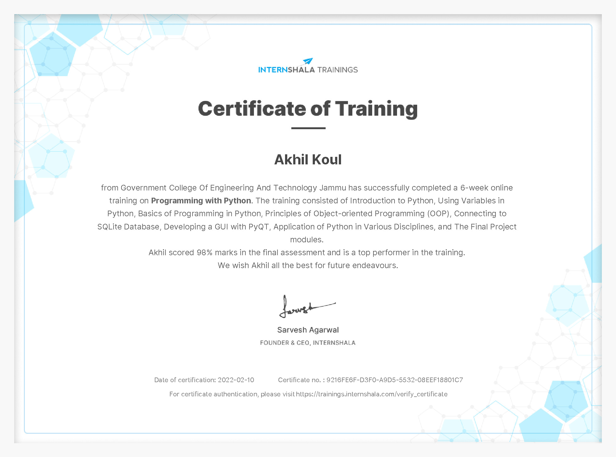 Certificate of completion