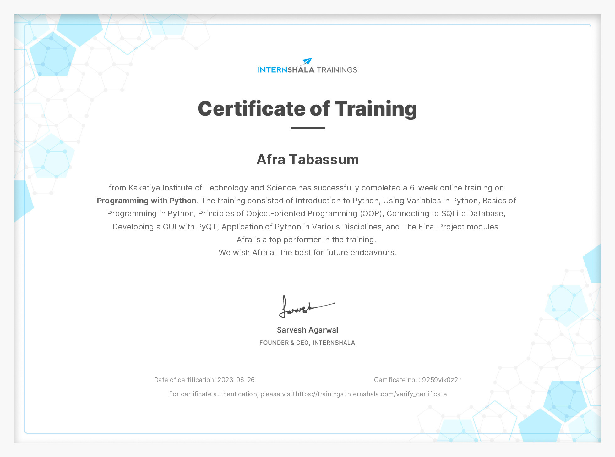 Certificate of completion