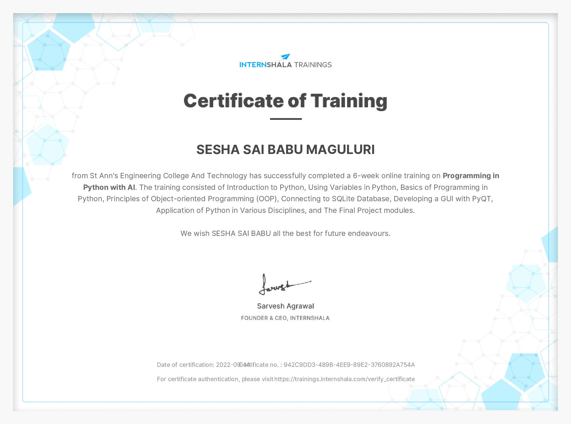 Certificate of completion