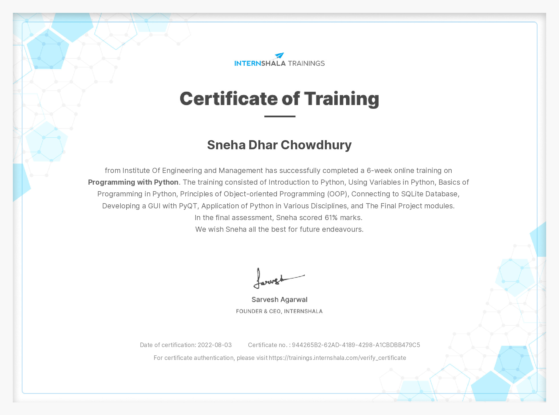 Certificate of completion