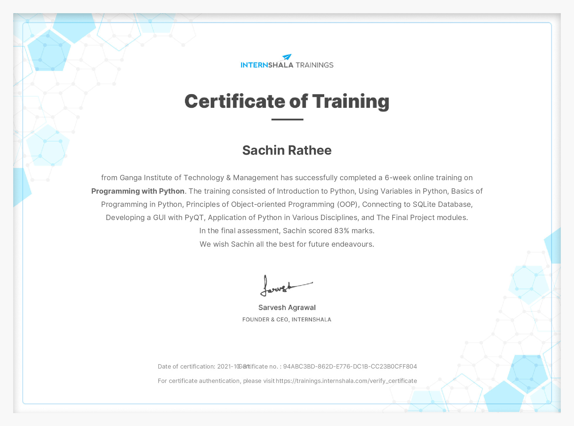 Certificate of completion