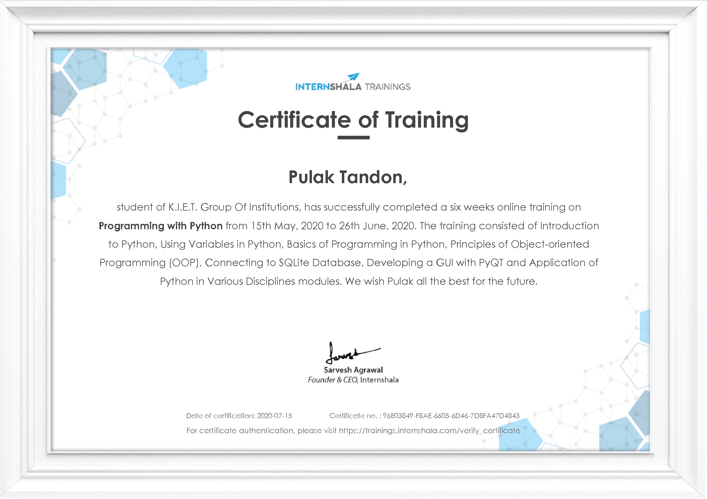 Certificate of completion