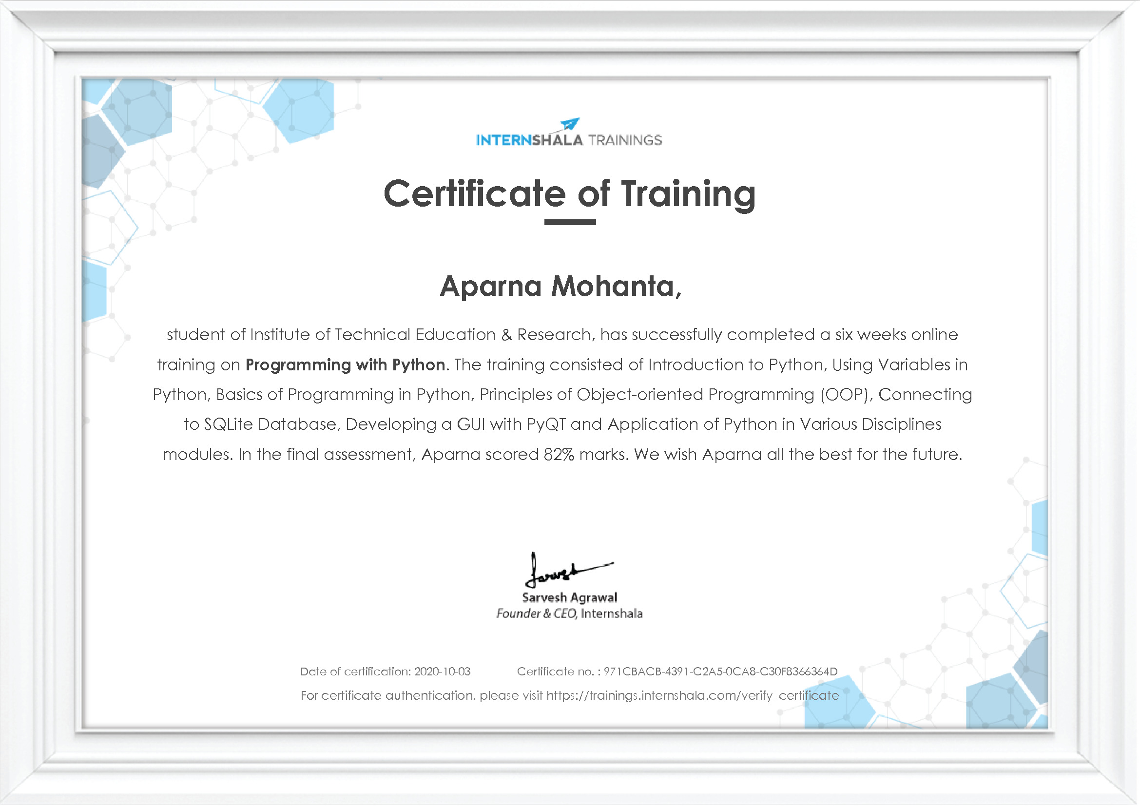 Certificate of completion