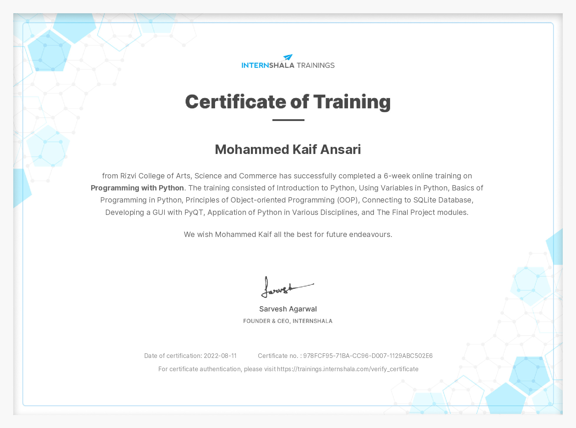 Certificate of completion
