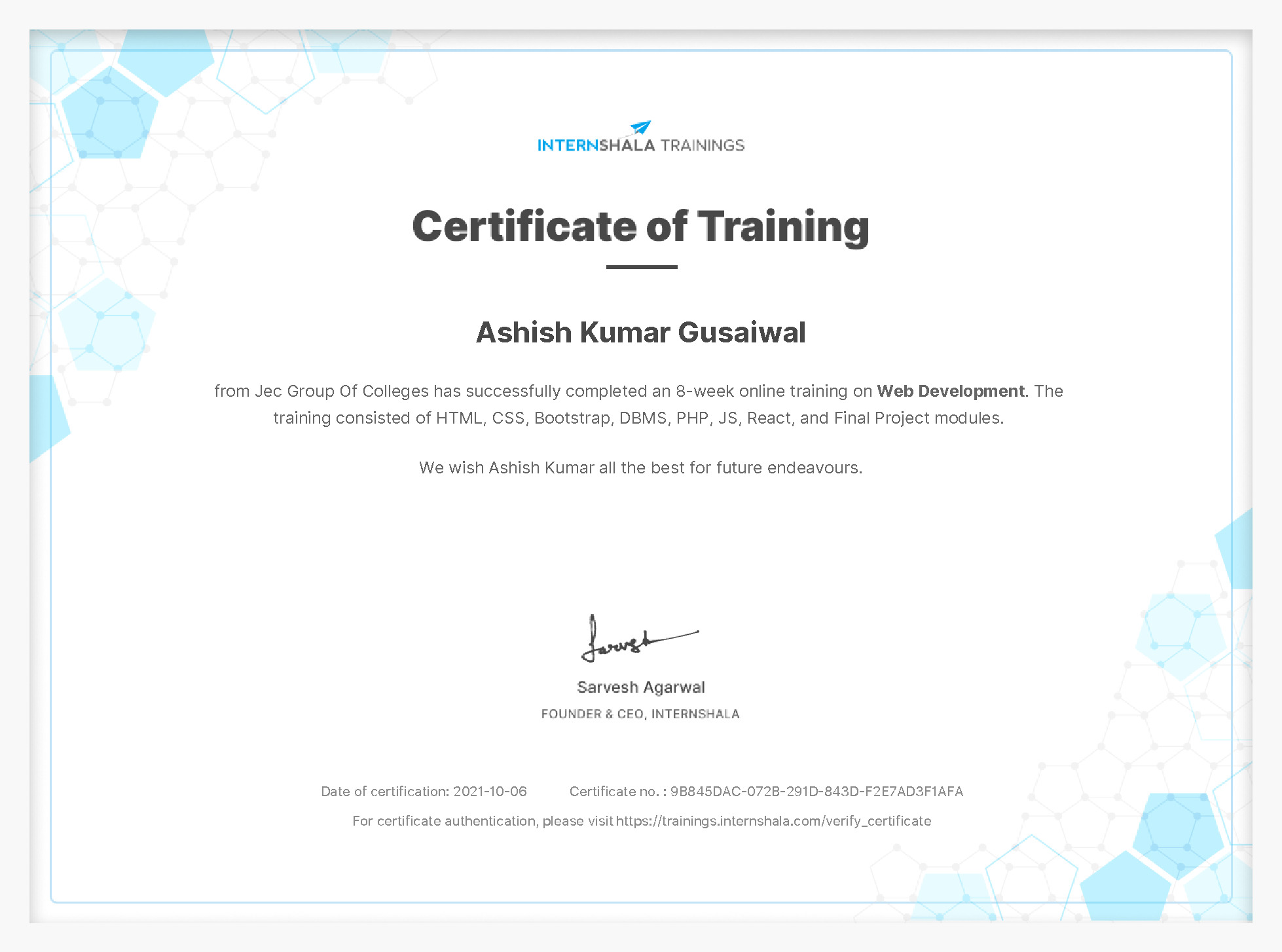 Certificate of completion