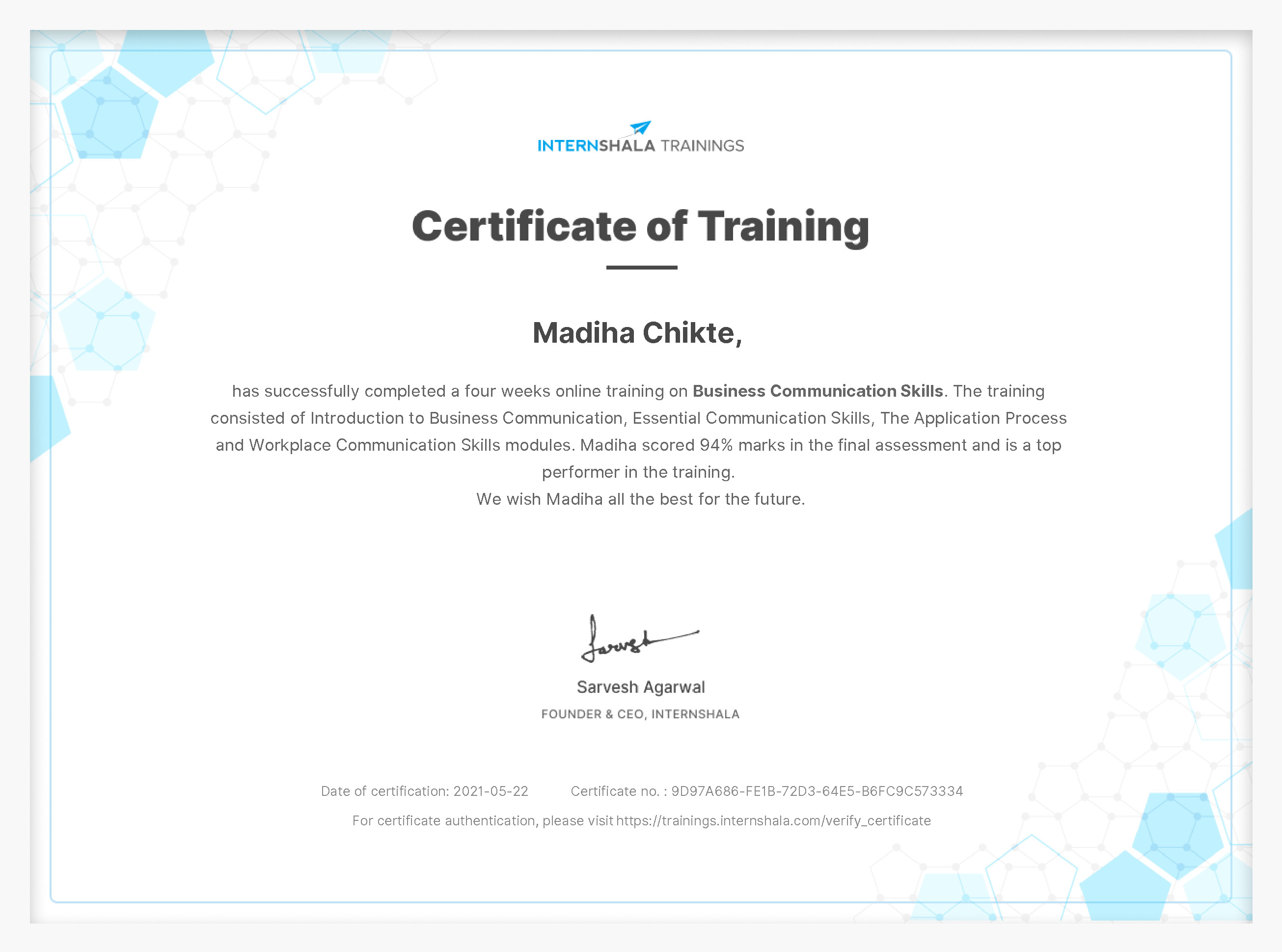 Certificate of completion