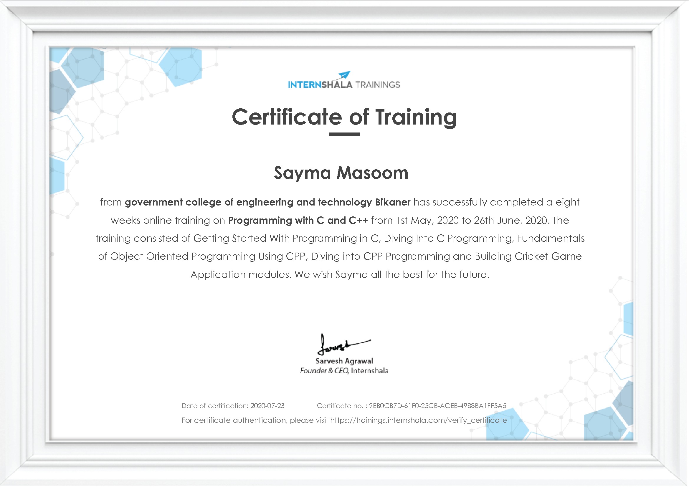 Certificate of completion