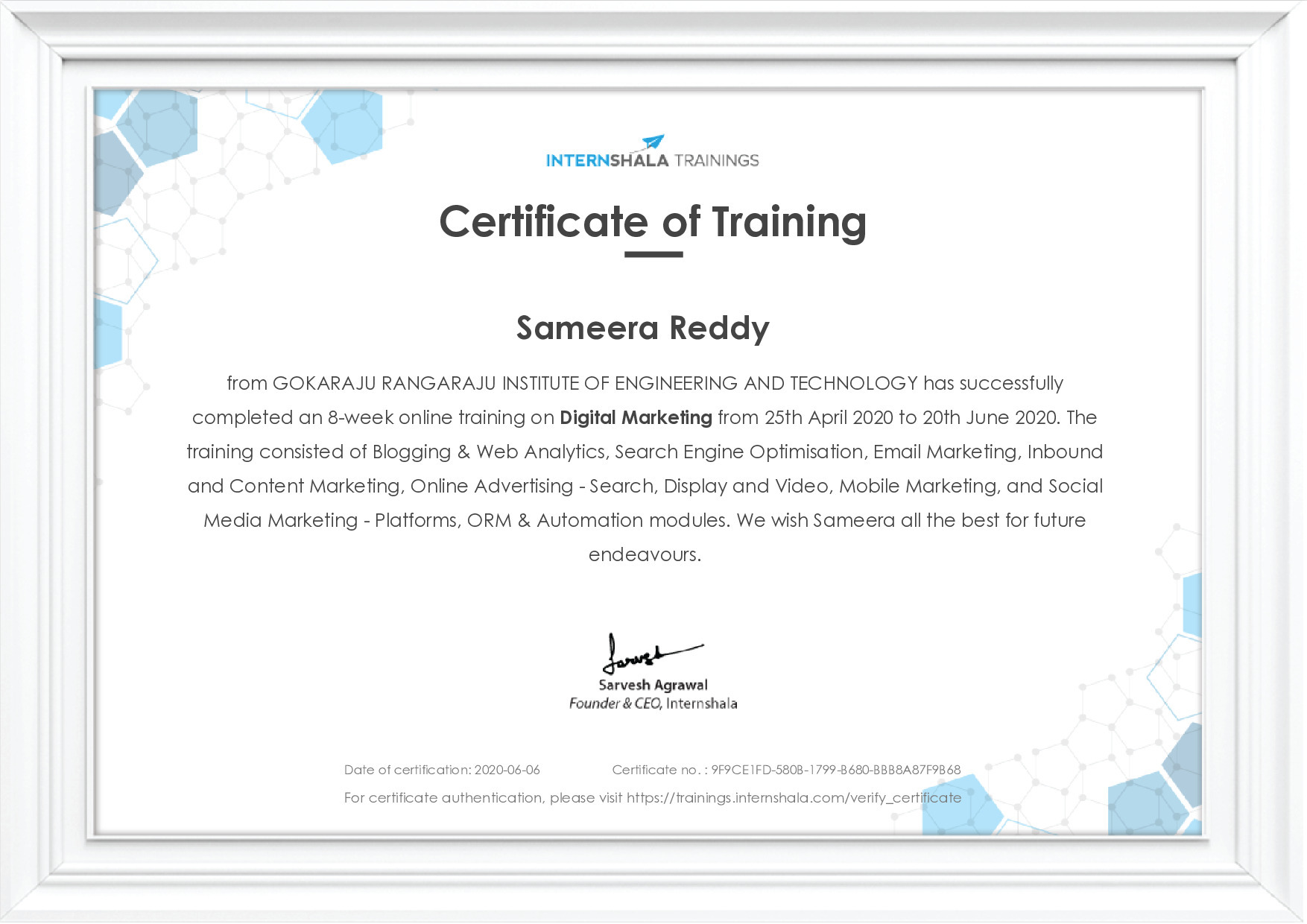 Certificate of completion