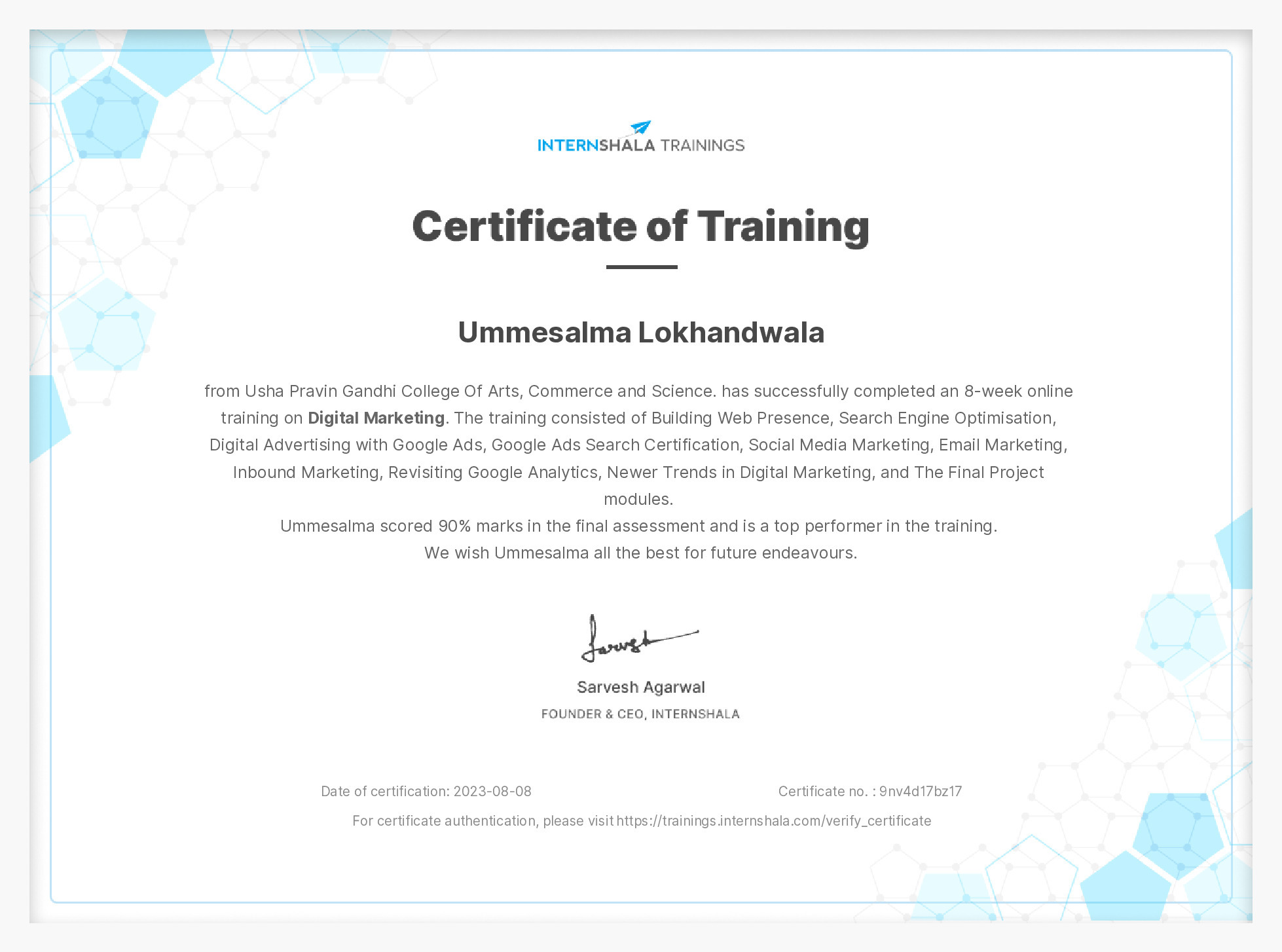 Certificate of completion