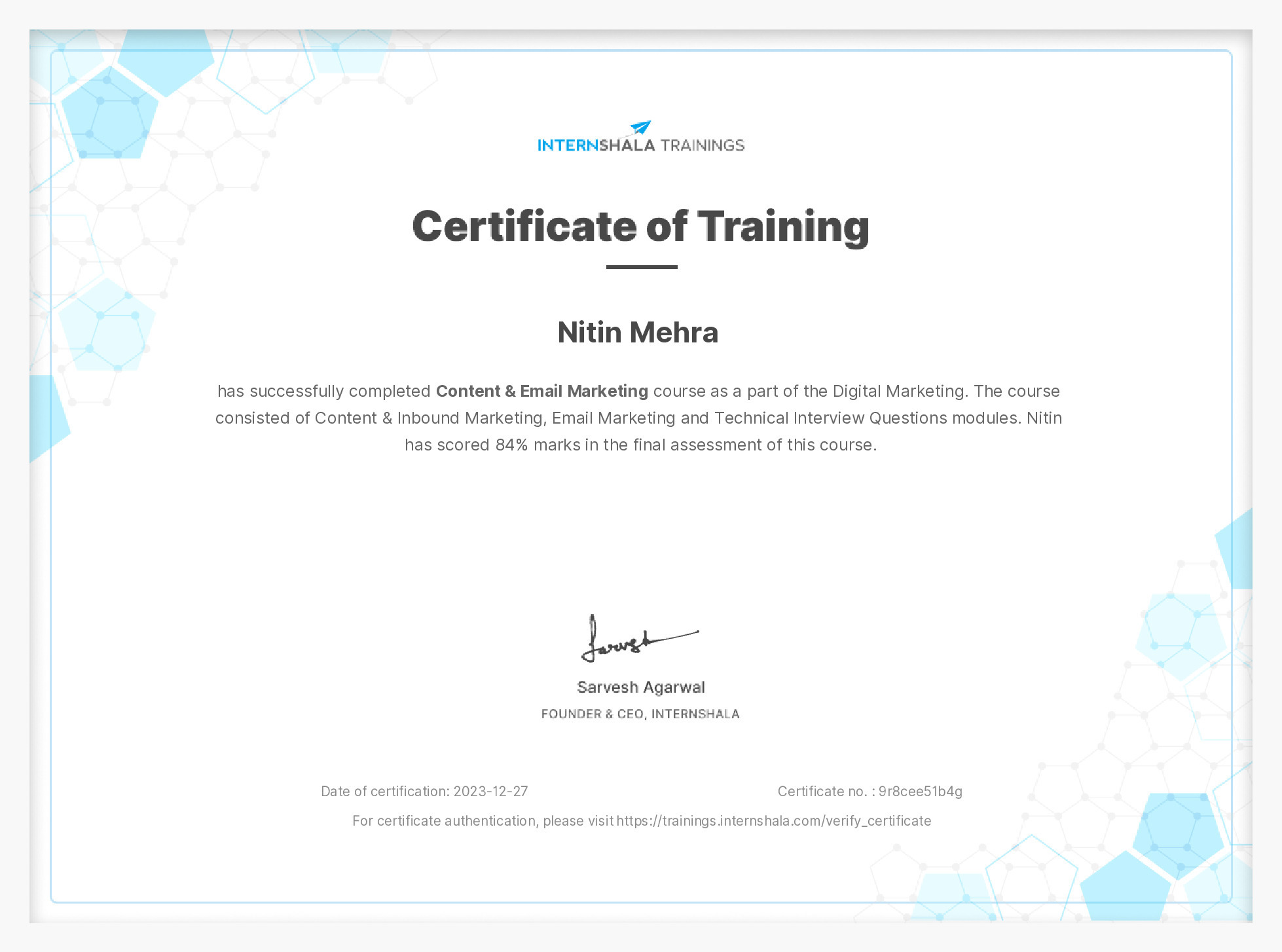 Certificate of completion