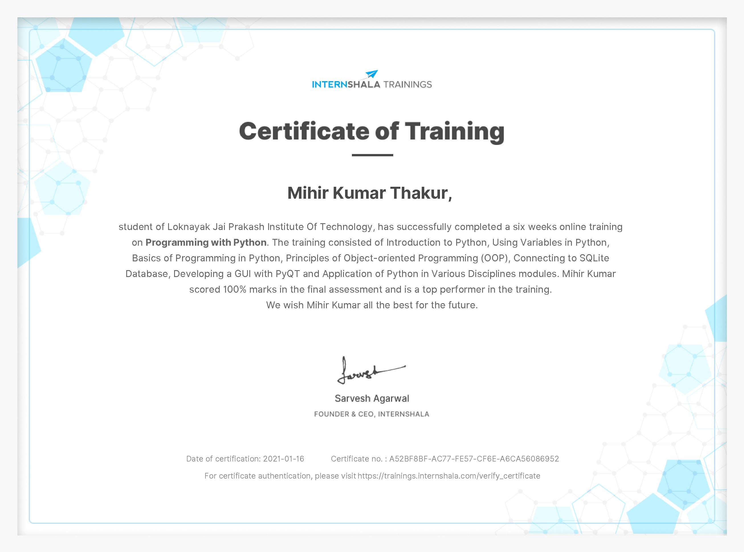 Certificate of completion
