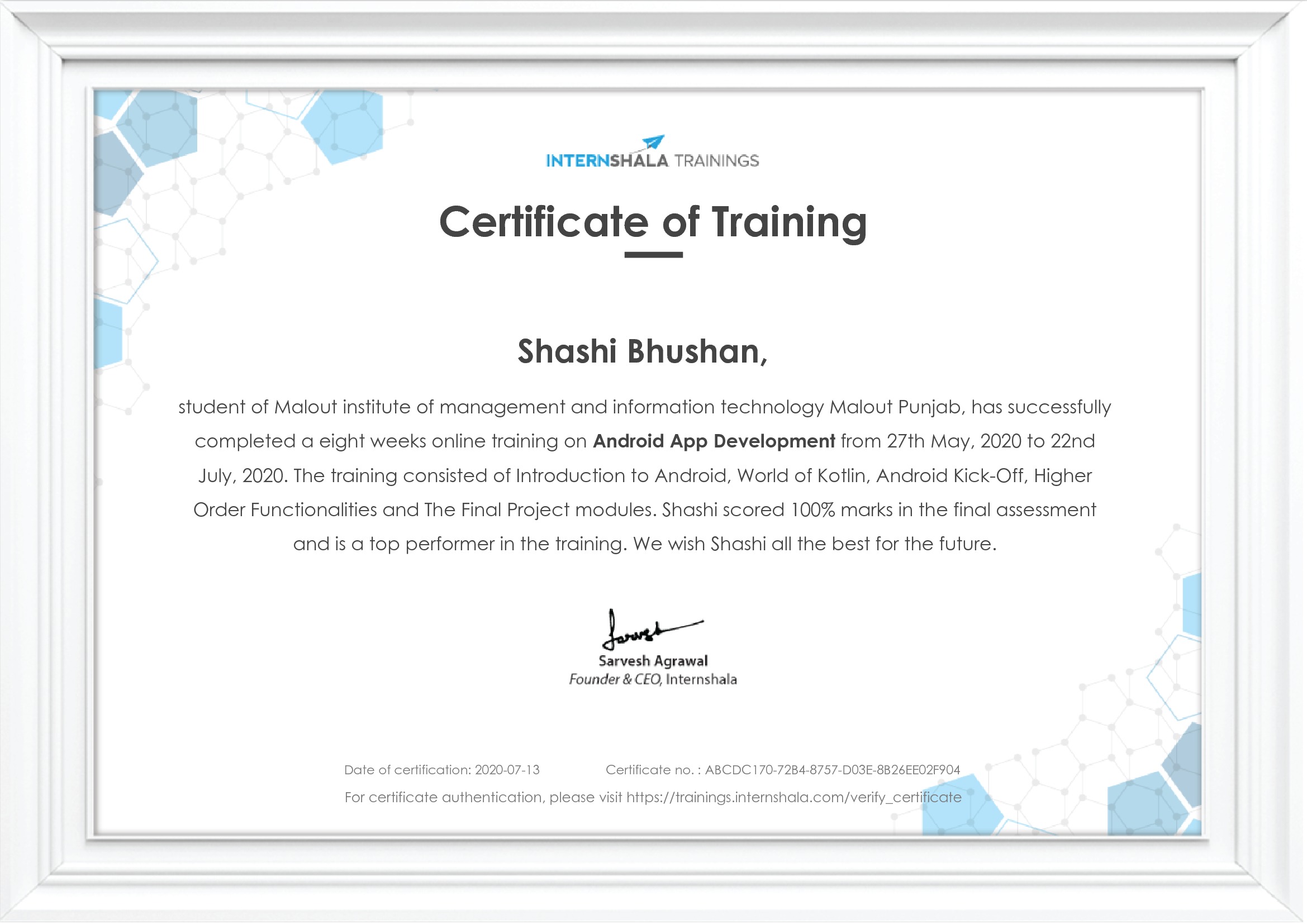 Certificate of completion