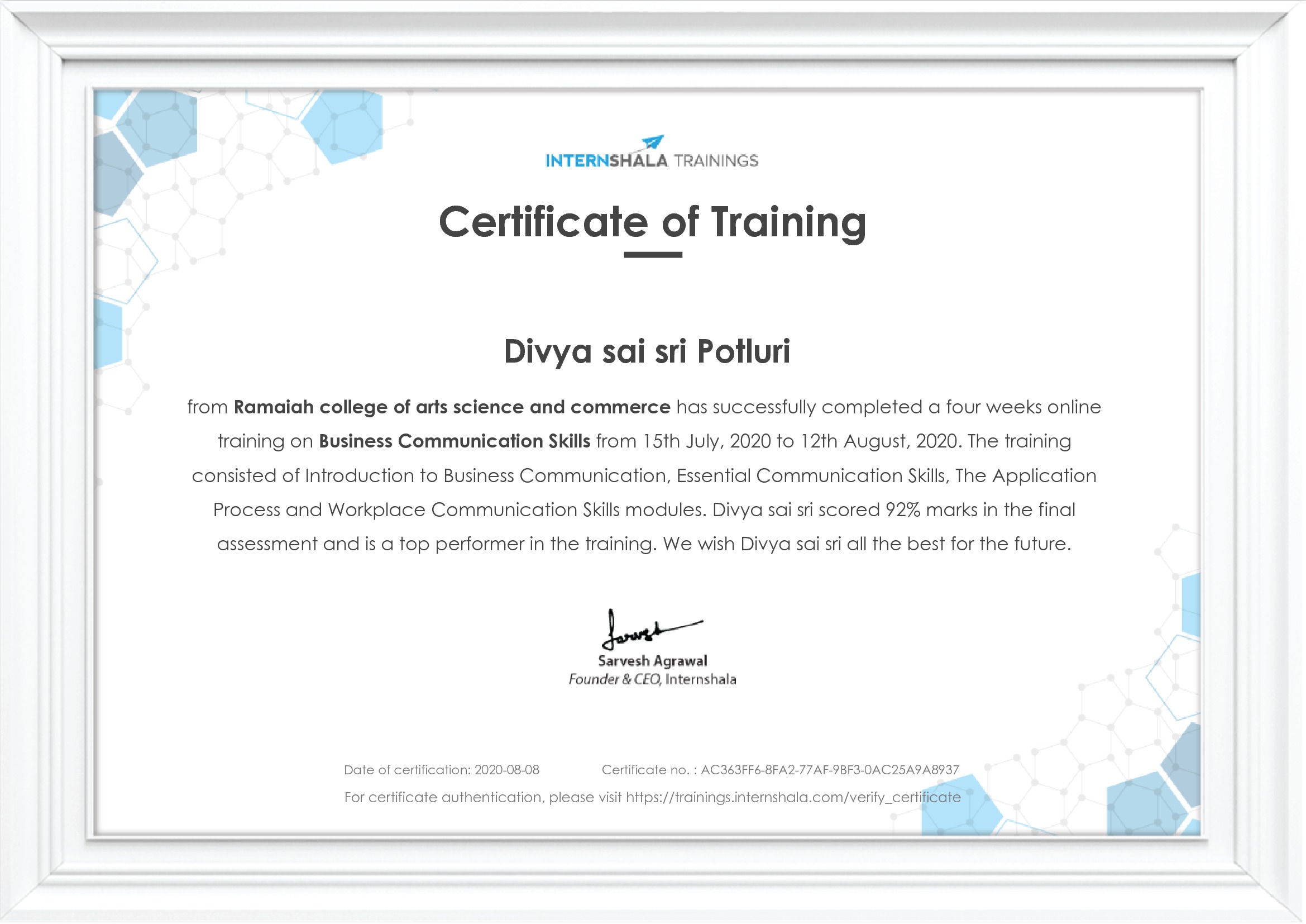 Certificate of completion