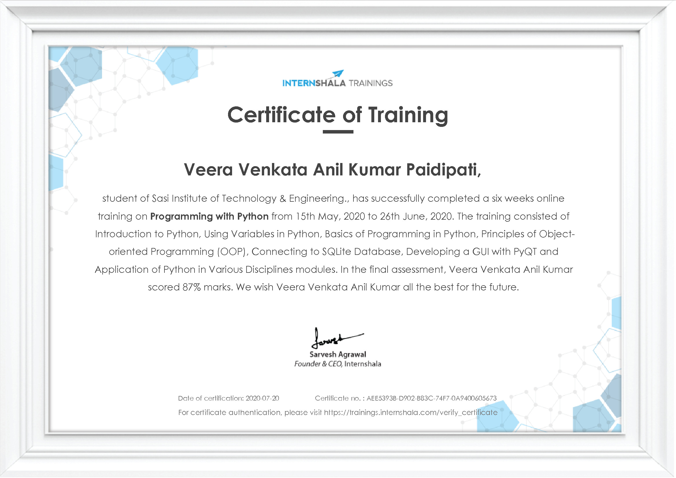 Certificate of completion