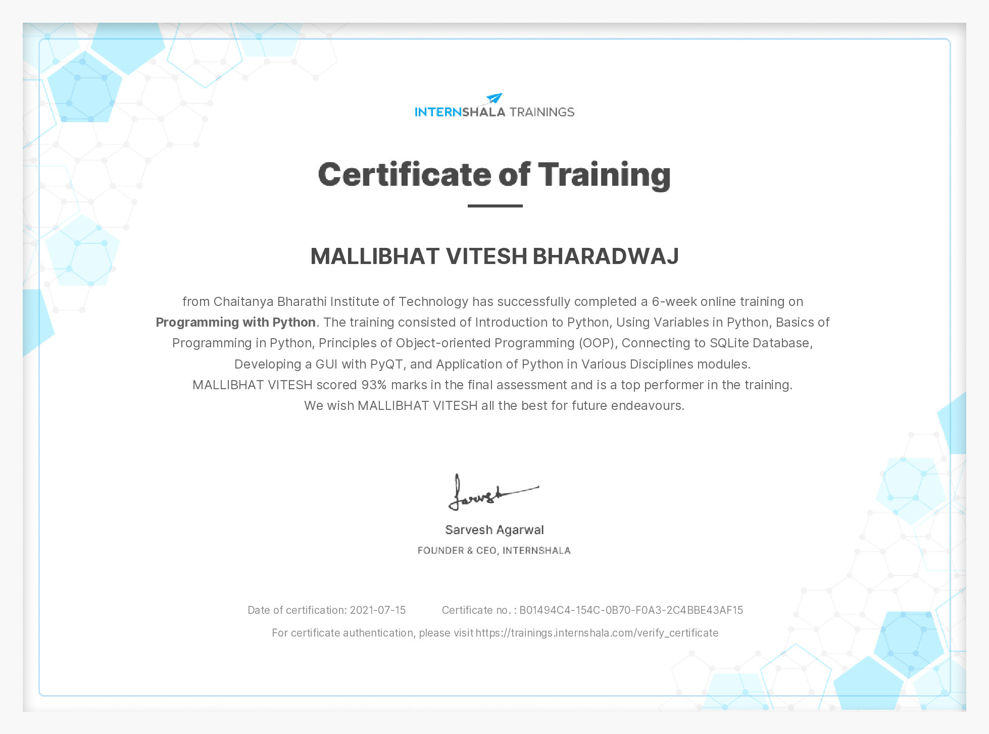 Certificate of completion