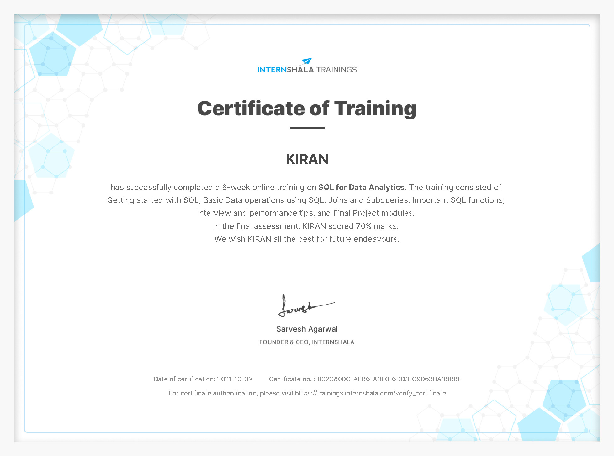 Certificate of completion