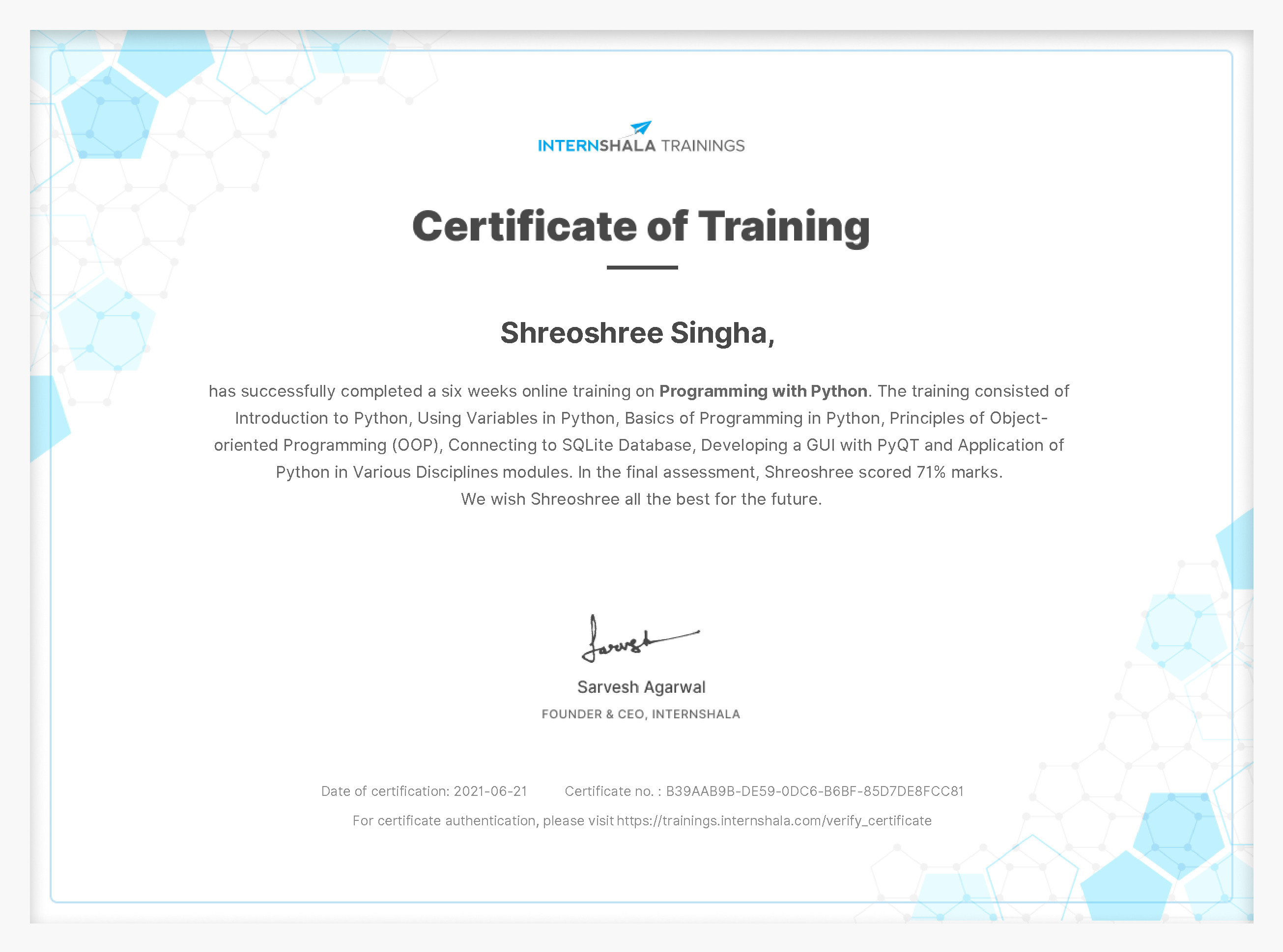 Certificate of completion