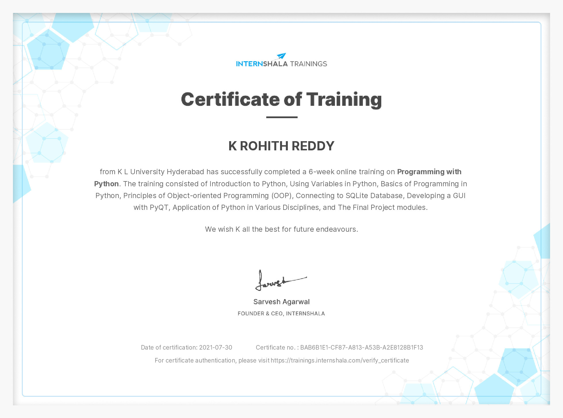 Certificate of completion